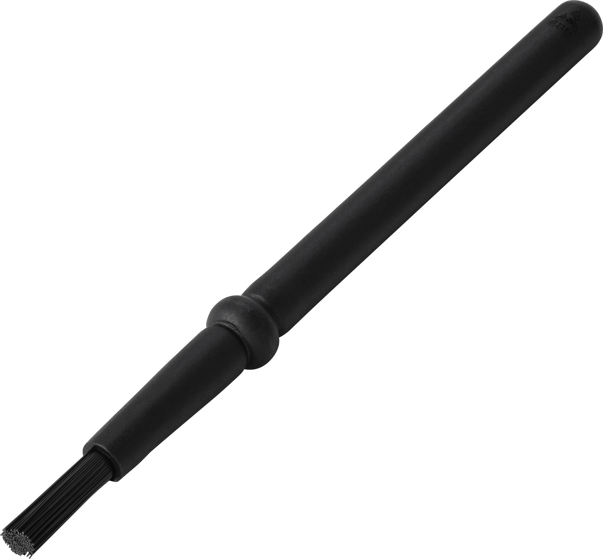 Brosse de nettoyage portable noire avec un long manche et une tête à poils étroits sur fond blanc.
