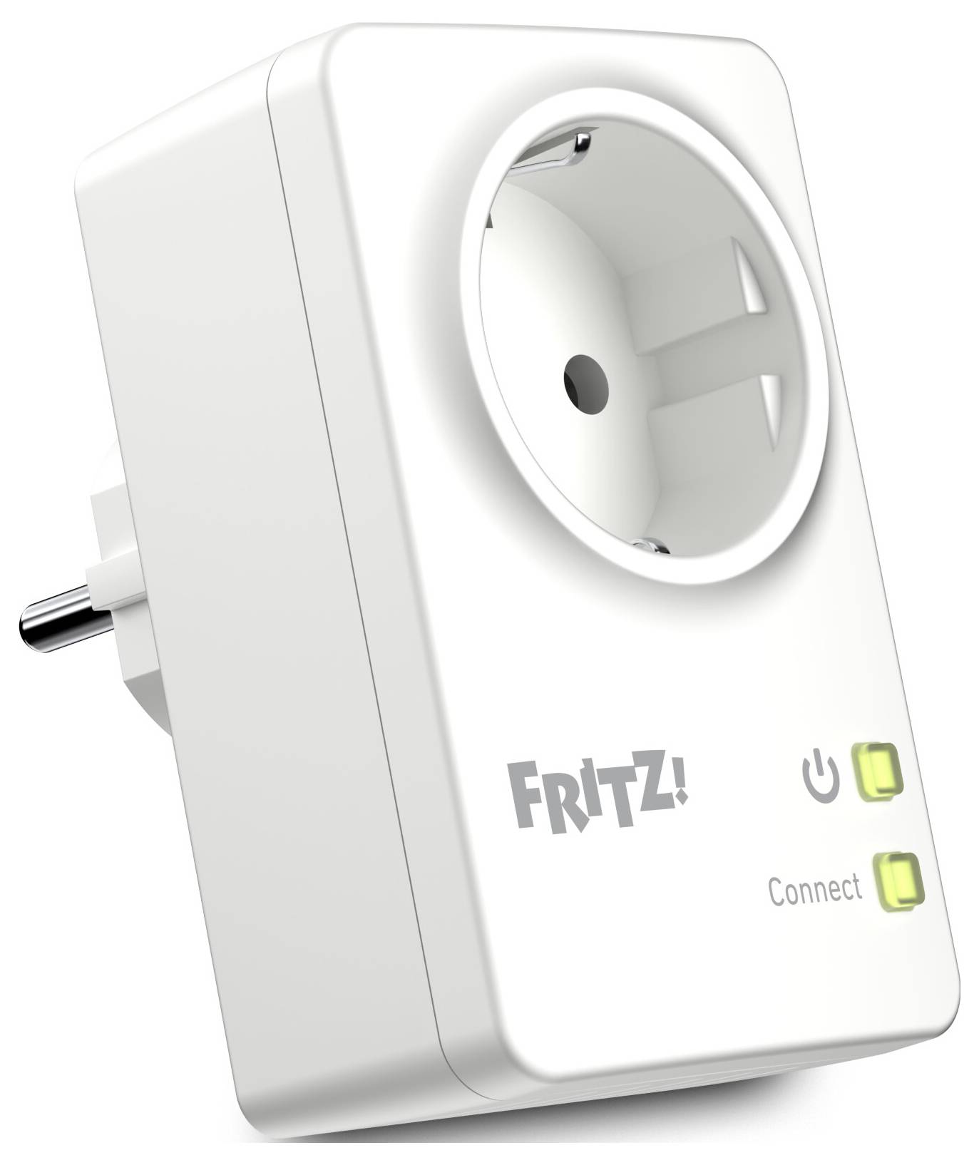 A white smart plug with the logo 'FRITZ!' and labeled buttons for 'Connect' and power on/off. It plugs into an electrical outlet.