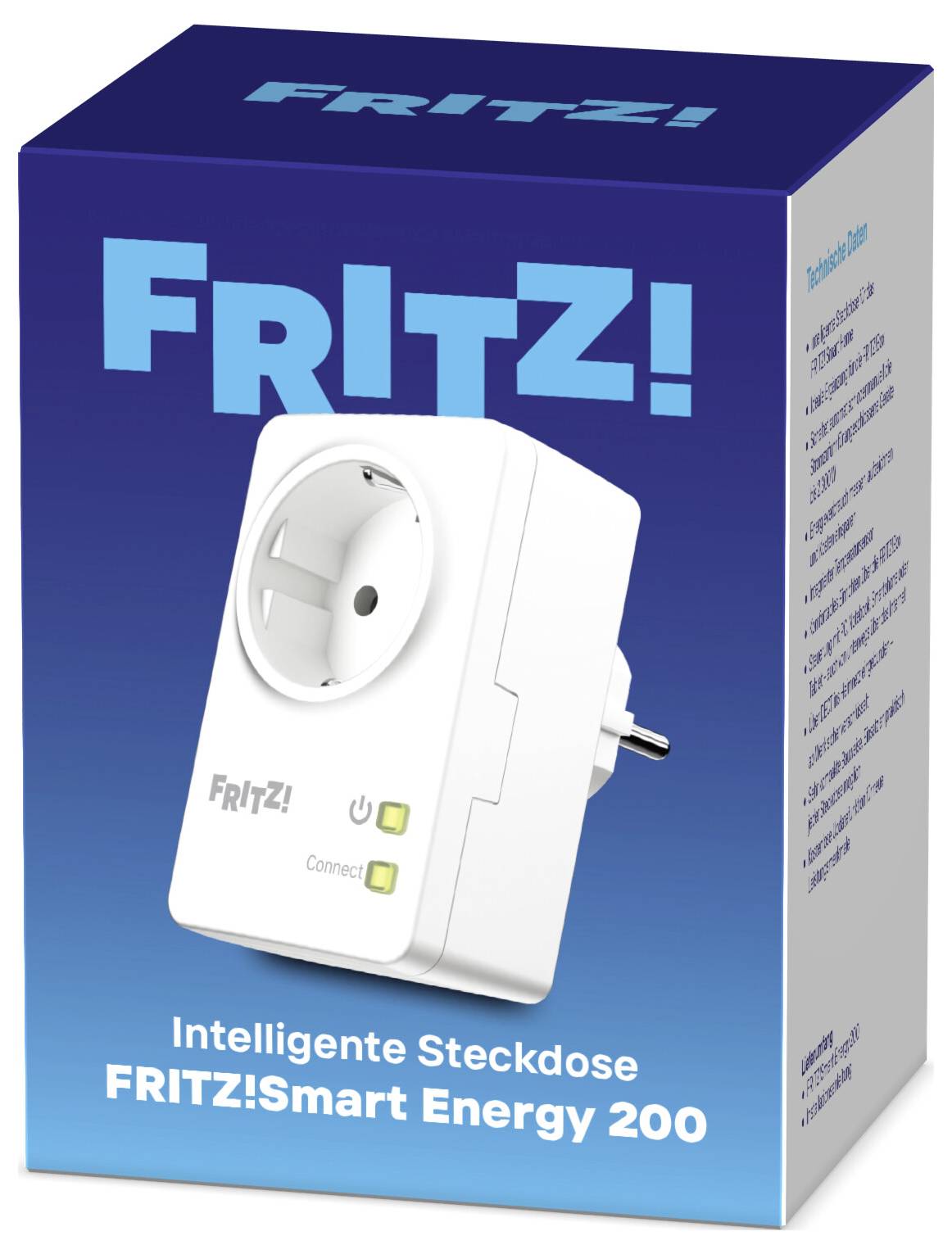 'FRITZ! Smart Energy 200' intelligent socket packaging, showing a plug with indicator lights and the brand name prominently displayed.