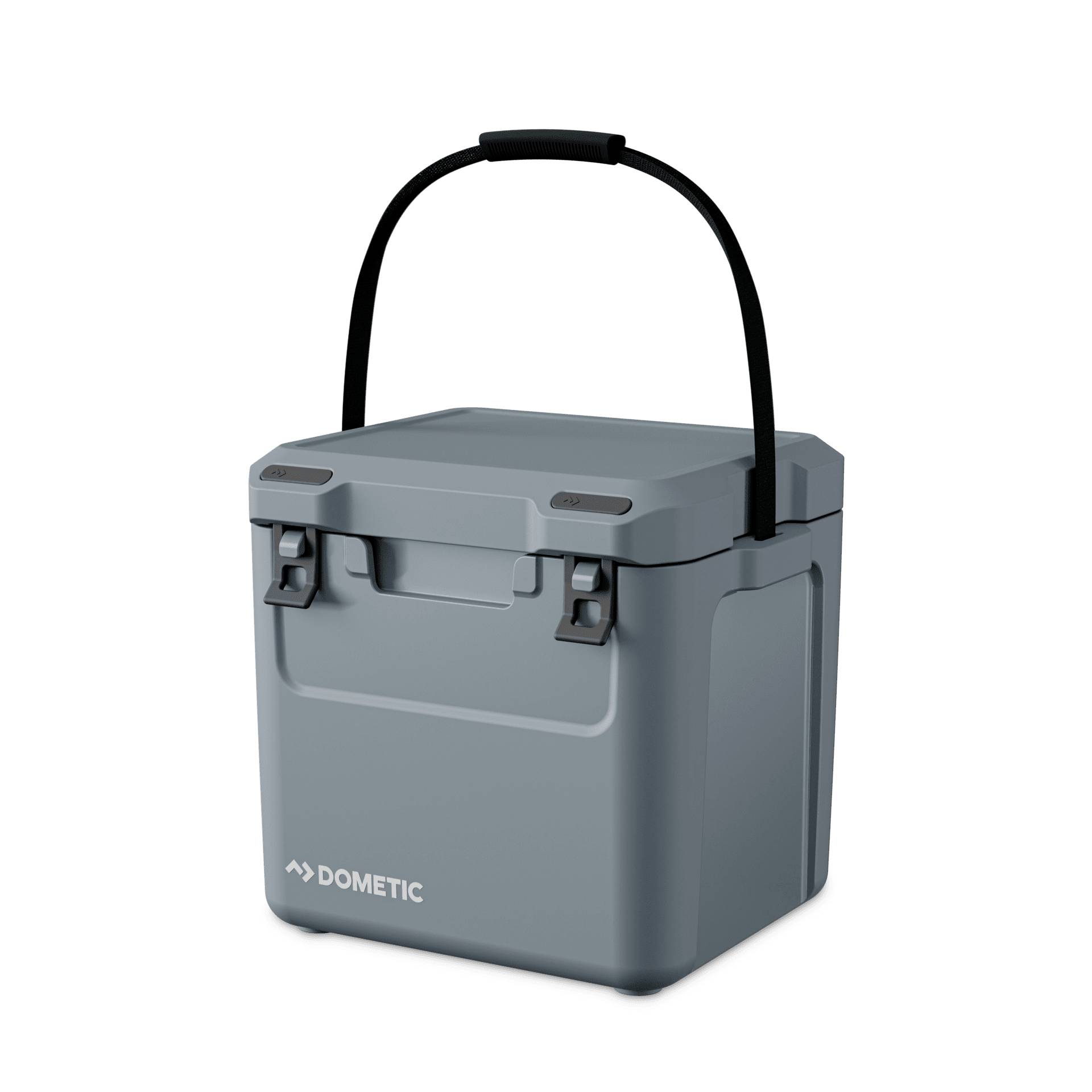 Glacière portable Dometic grise avec une poignée de transport noire et des loquets, présentée sur un fond blanc.