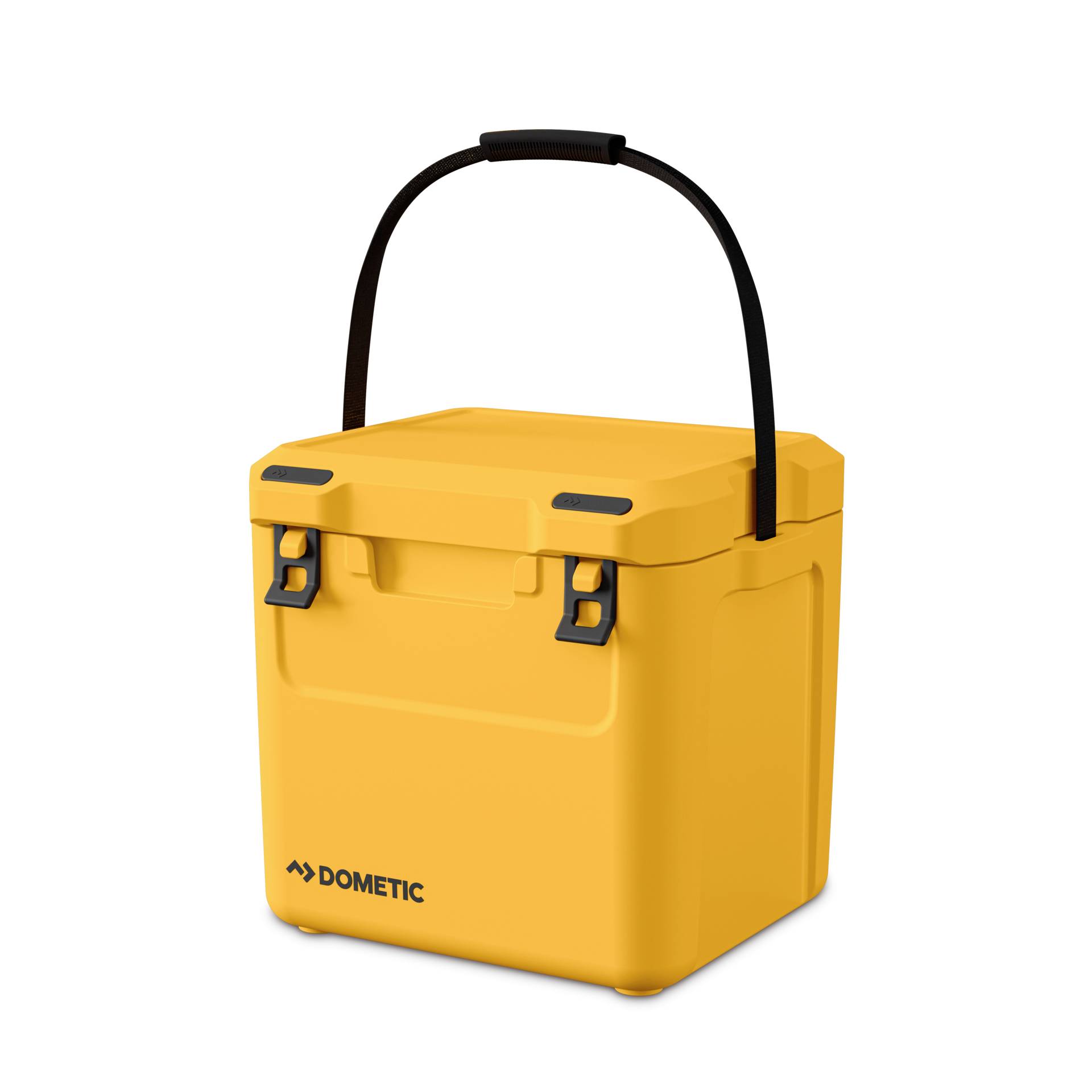 Glacière portable Dometic jaune avec poignée de transport noire et fermoirs, présentée sur un fond blanc.