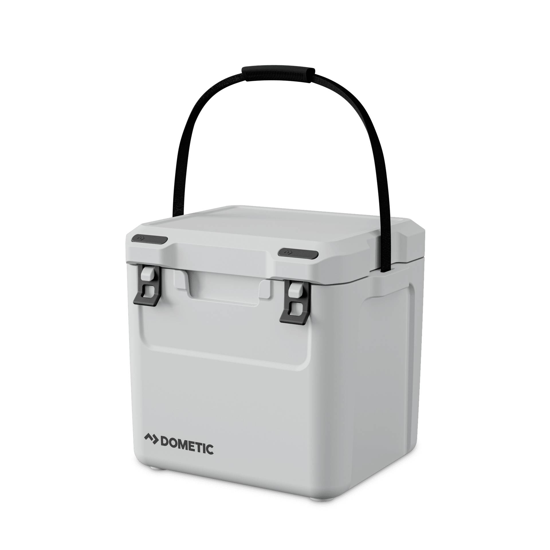 Boîte de refroidissement Dometic grise avec une poignée de transport noire, présentée fermée sur un fond blanc.