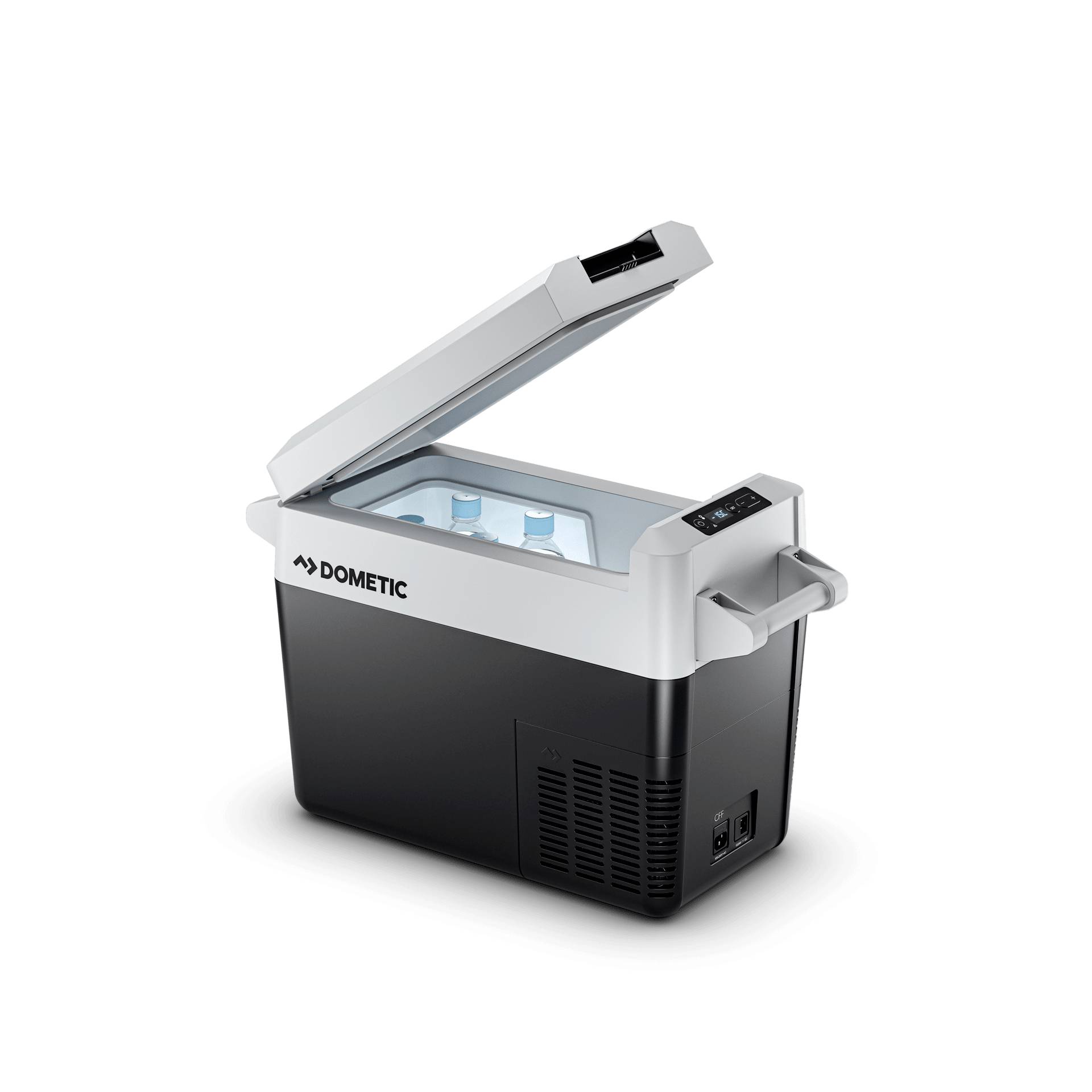 Glacière électrique Dometic portable avec couvercle à charnières ouvert, montrant des boissons en bouteille à l'intérieur et un panneau de commande numérique sur le côté.