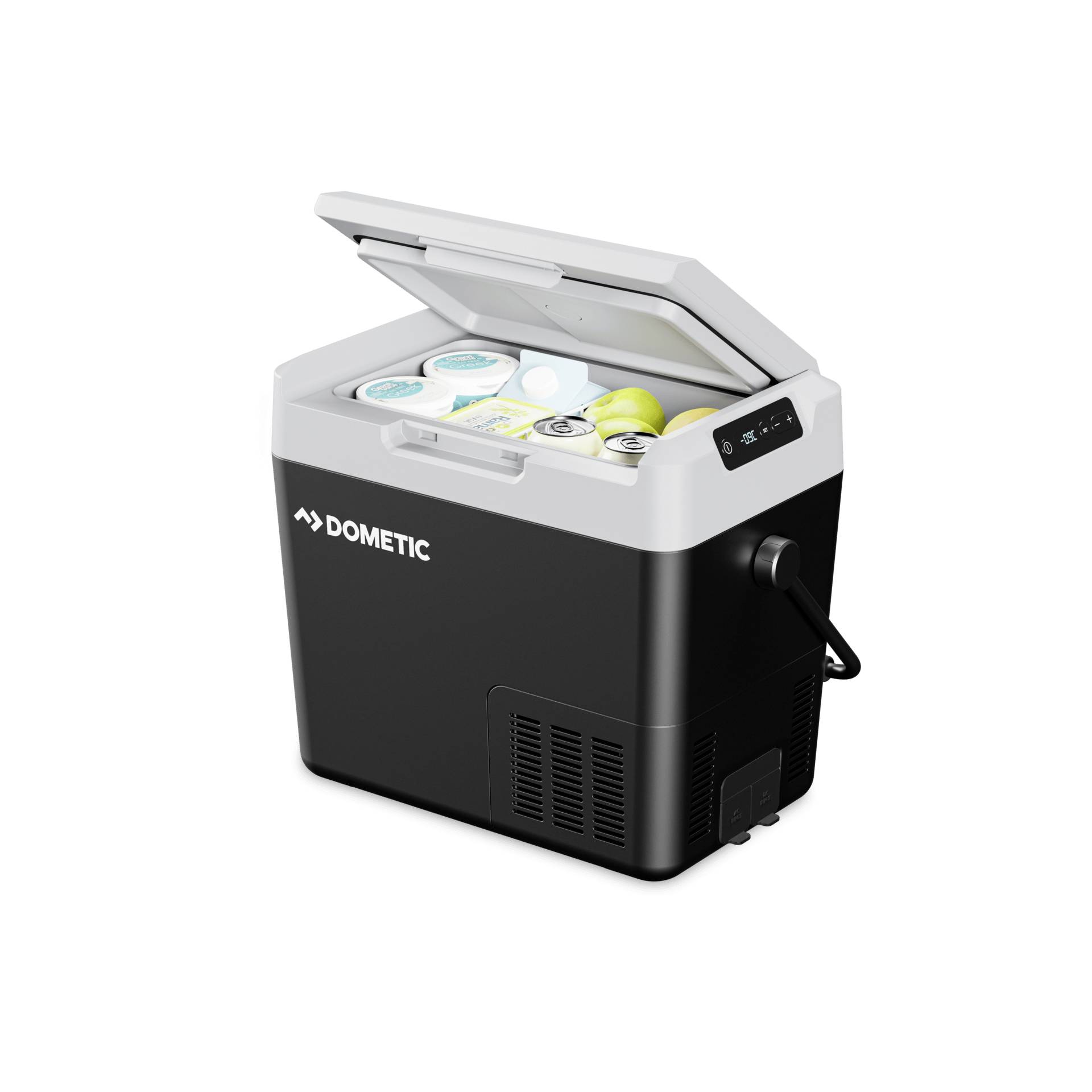 Glacière électrique portable Dometic noire et grise avec le couvercle ouvert, montrant des boissons refroidies et des conteneurs de nourriture à l'intérieur.