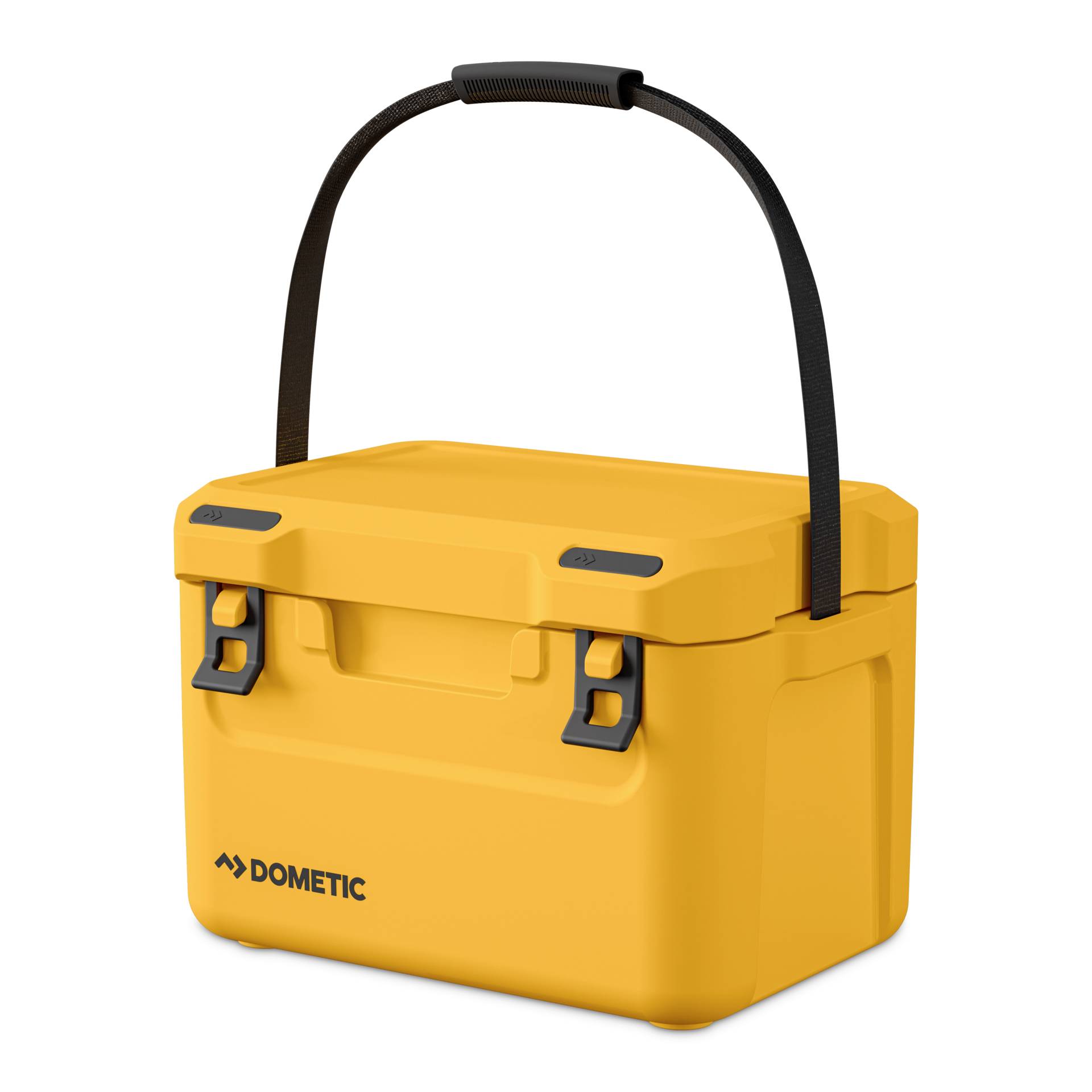 Glacière rigide Dometic jaune avec sangle de transport noire et loquets, présentée sur un fond blanc uni.