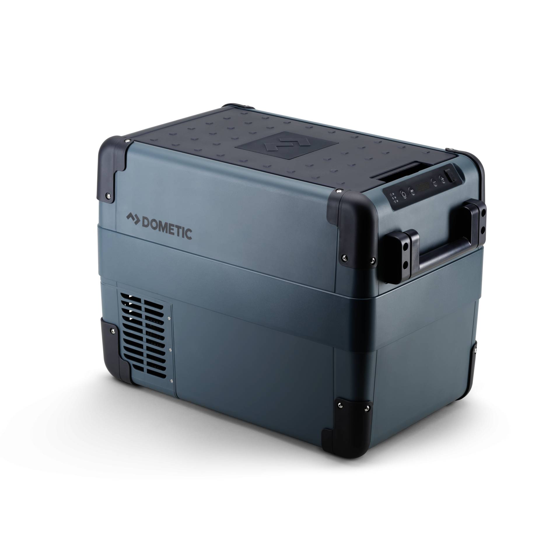 Glacière électrique Dometic portable avec corps bleu et poignées noires, présentée sur un fond blanc.