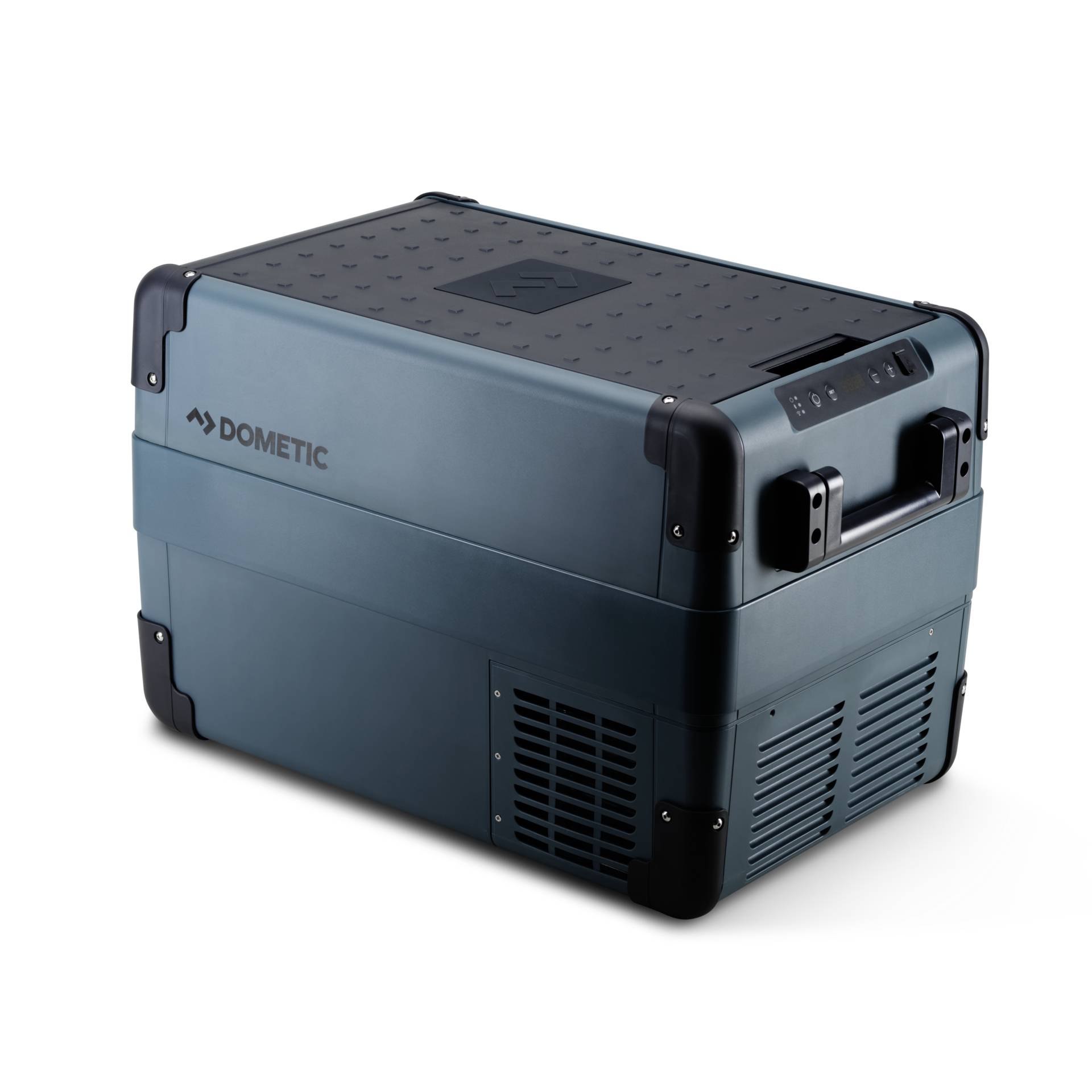 Refroidisseur électrique portable Dometic bleu avec couvercle noir, poignée et évents latéraux sur fond blanc.
