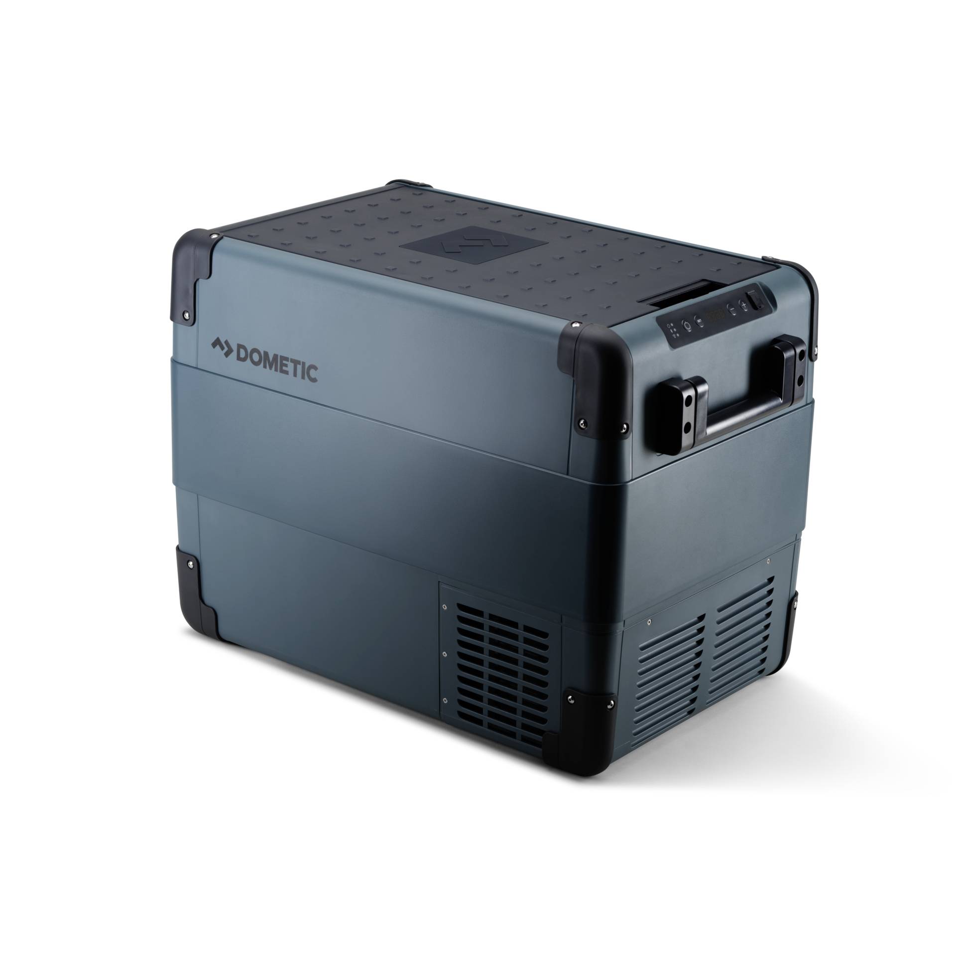Refroidisseur/congélateur électrique portable Dometic avec poignée, aérations et panneau de commande, présenté sur un fond blanc.