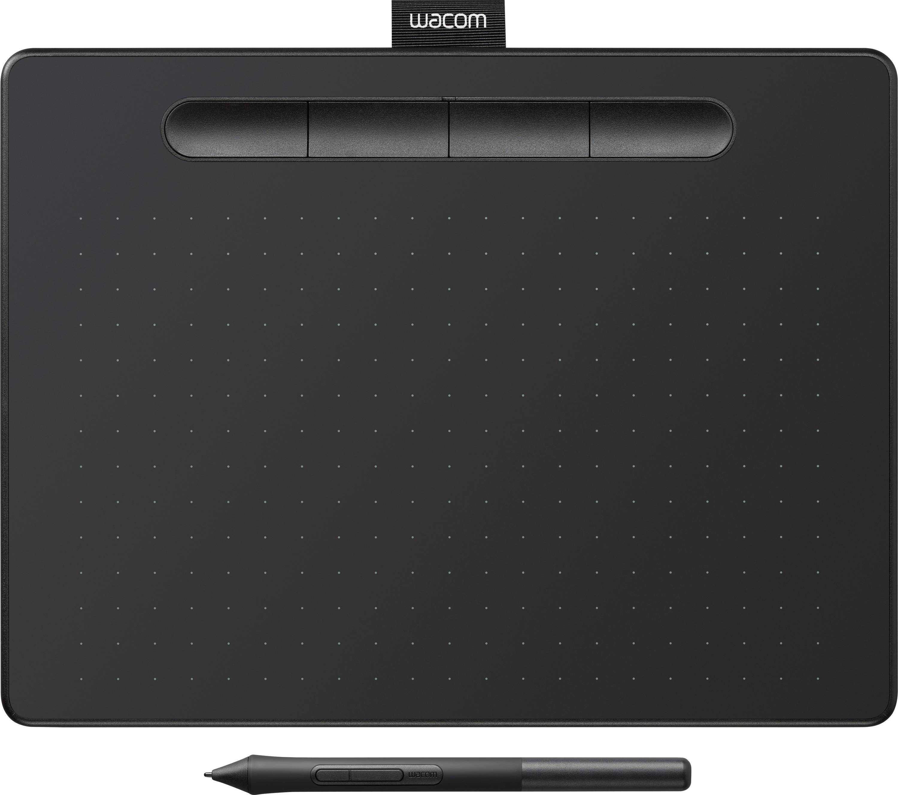 Une tablette à dessin noire avec trois boutons sur le dessus, accompagnée d'un stylet en dessous. Utilisée pour la création d'art numérique et le design graphique.
