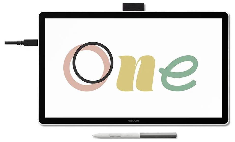 Une tablette graphique affichant le mot « One » dans une police de caractères stylisée. Un stylet est placé en bas, suggérant la capacité de dessin numérique.