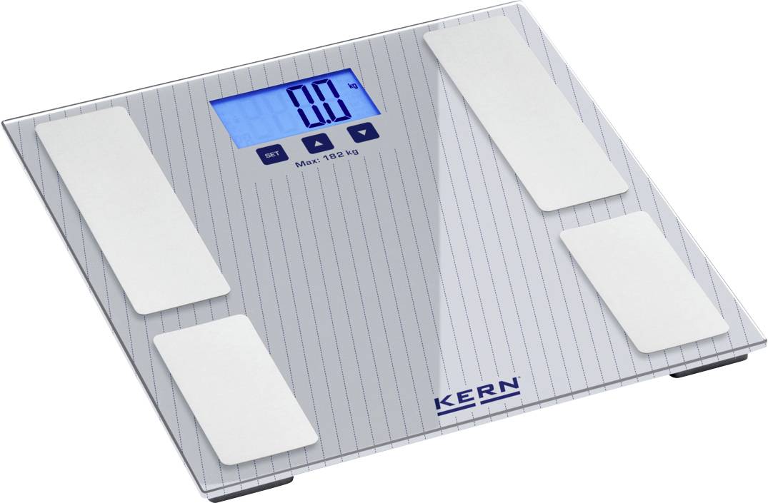 Balance de salle de bain numérique avec surface argentée, affichage rétroéclairé en bleu affichant « 0,0 kg », étiquetée « KERN », et capacité maximale de 150 kg.