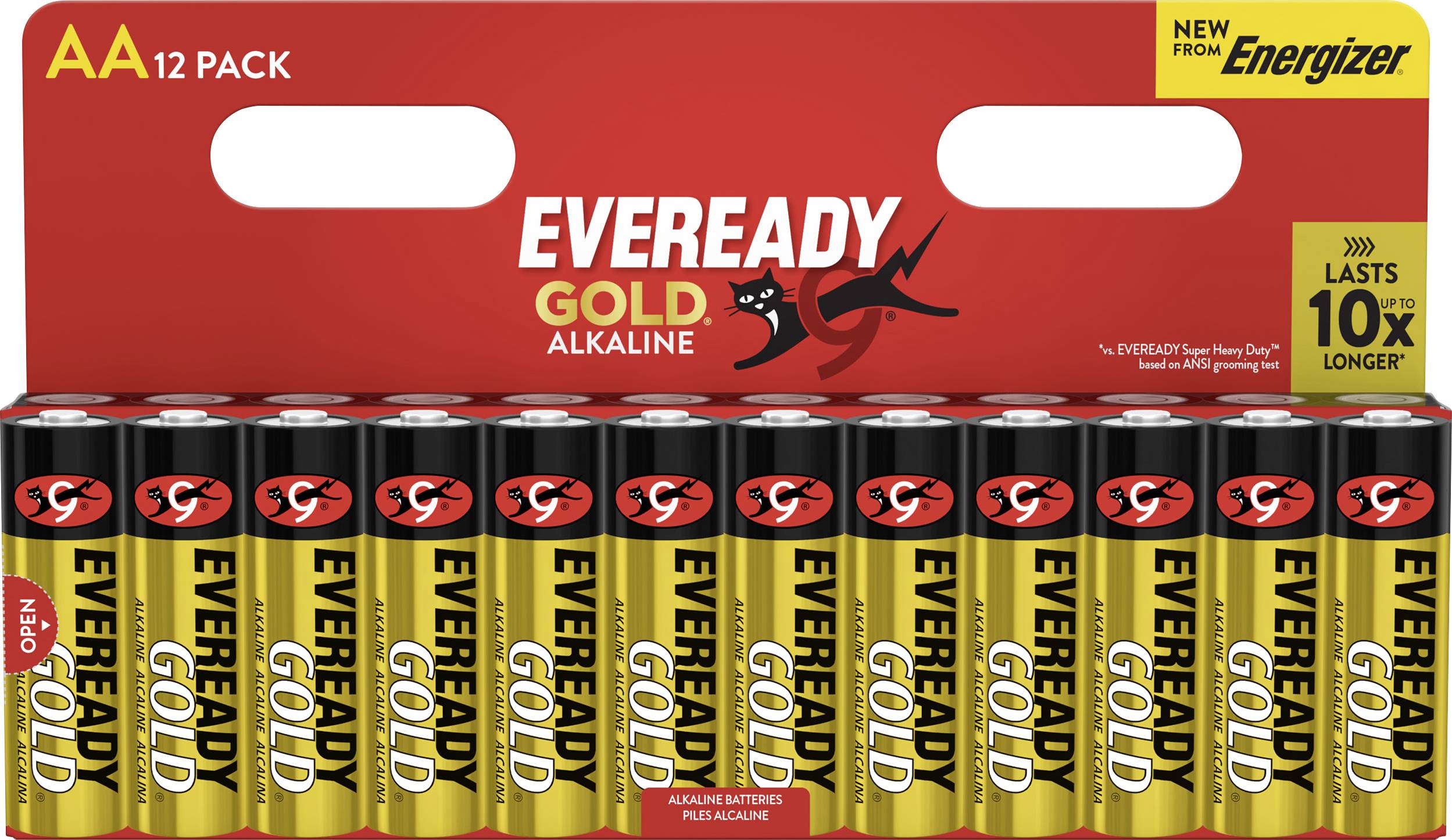 « Paquet de 12 piles alcalines Eveready Gold AA », avec les caractéristiques « Dure 10 fois plus longtemps » et l'étiquette « Nouveau d'Energizer » sur l'emballage.