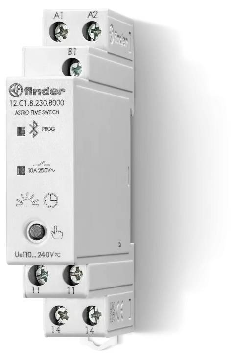 Un dispositif de commutateur de temps astro électrique avec plusieurs ports de connexion, étiqueté « Finder 12.C1.8.230.B000 », utilisé pour la commande automatisée de l'éclairage.