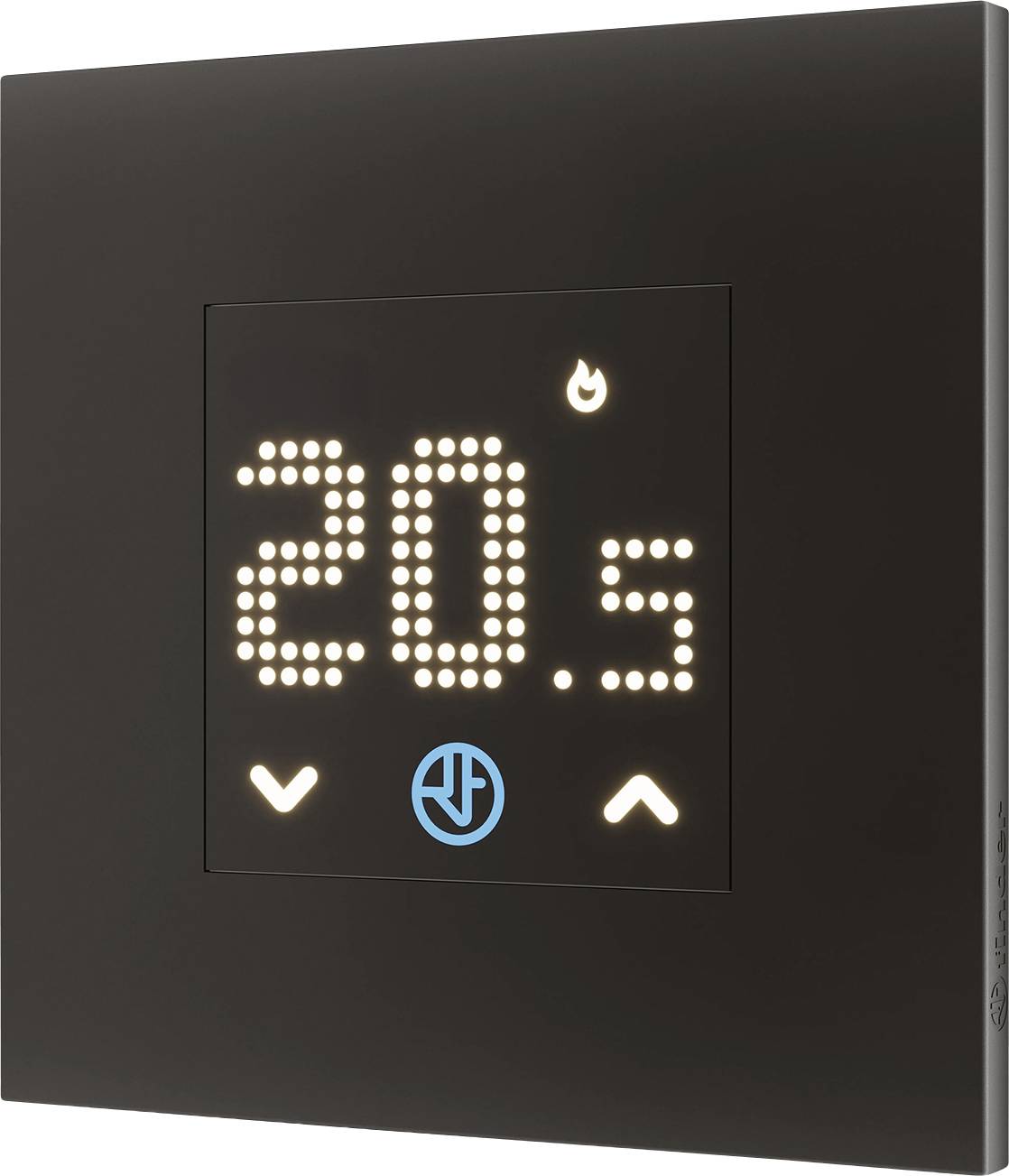 Un thermostat numérique affichant « 20,5 °C » avec une flèche vers le haut et vers le bas, indiquant le contrôle de la température. Une icône modifiable est présente.