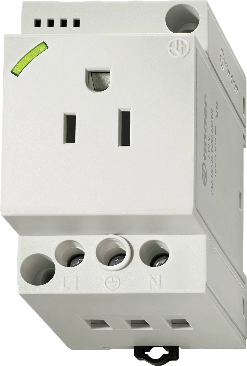 Un appareil électronique blanc avec deux fentes de prise, un voyant vert et des points de connexion étiquetés (L, N). Utilisé pour les installations électriques.