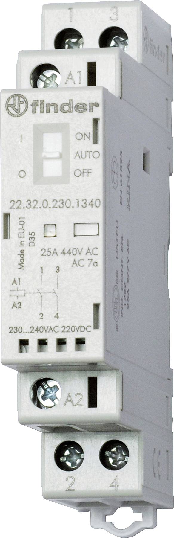 Un relais électrique mince et rectangulaire avec des entrées et des sorties étiquetées, doté de commutateurs pour les modes MARCHE, AUTO et ARRÊT, évalué à 25A 440V AC.