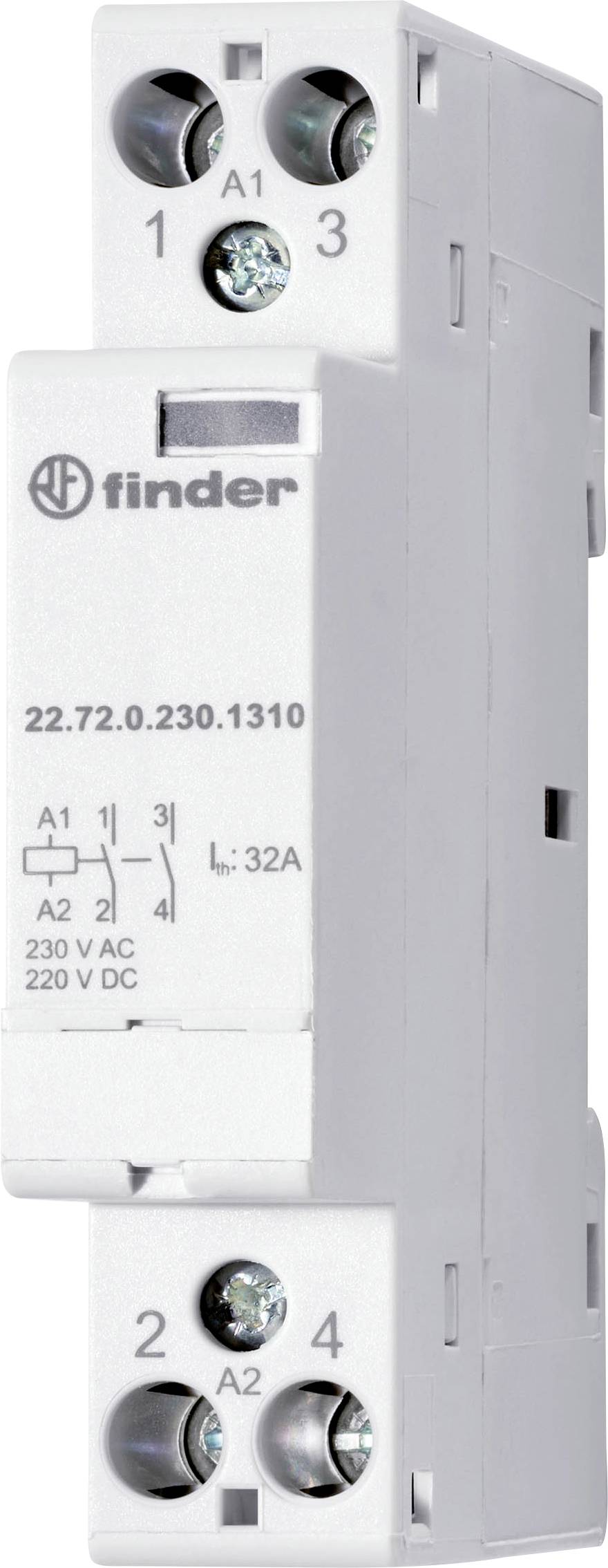 'Relais Finder 22.72.0.230.1310, 32A, 230V AC, 220V DC'. Dispositif rectangulaire blanc avec bornes étiquetées A1, A2, L.