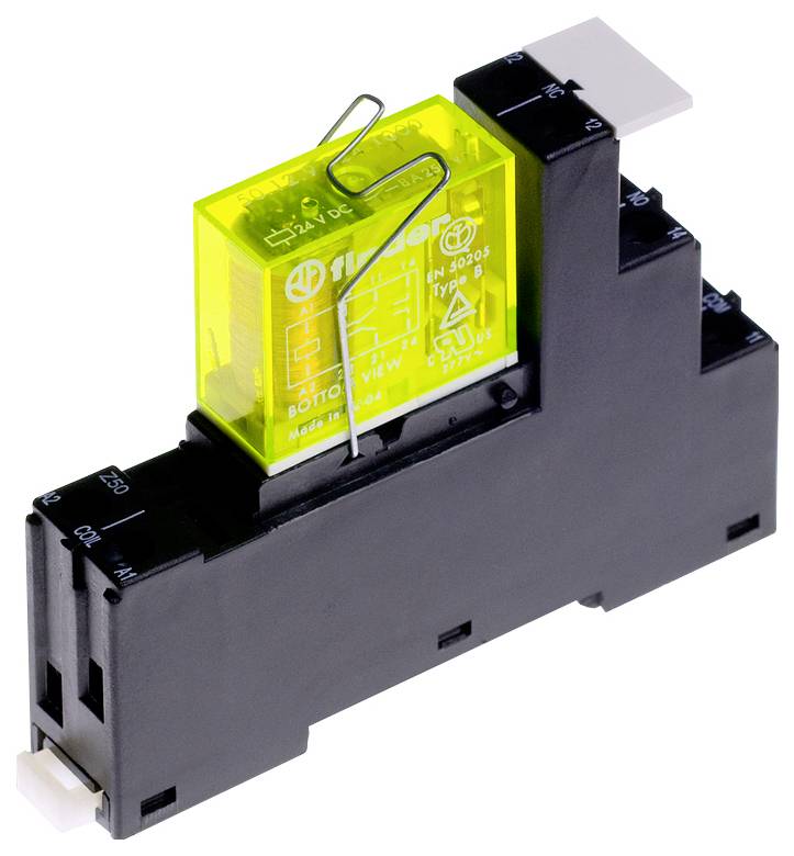Un relais jaune avec un couvercle transparent est monté sur une base de support noire. Le relais dispose d'une bobine métallique et de détails de câblage visibles.