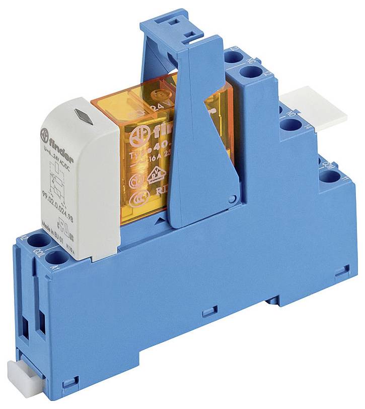 Un socle de relais bleu avec un relais électromécanique orange attaché, présentant les spécifications électriques sur sa surface.