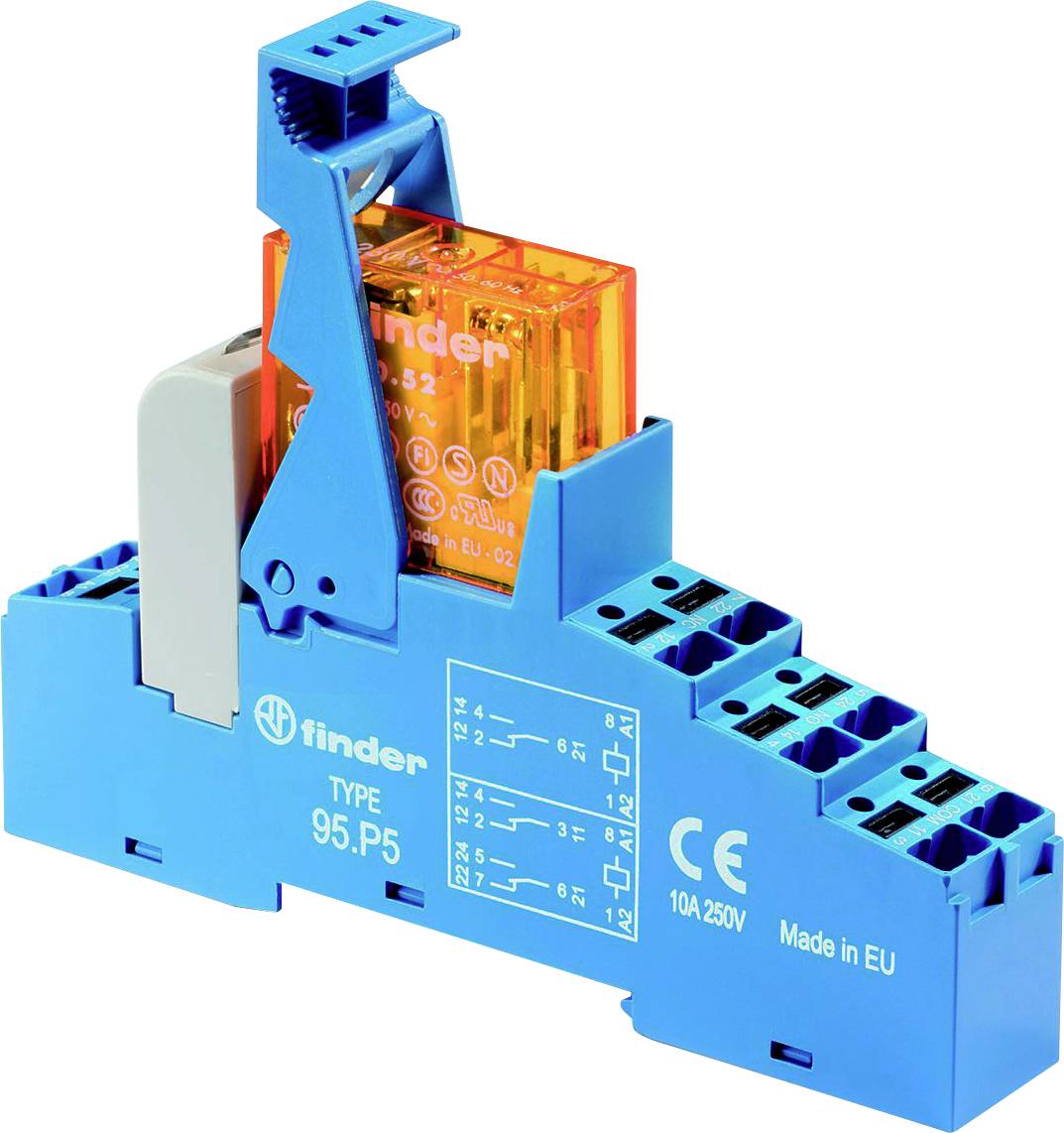 Une douille de relais bleu avec un module de relais orange, marqué « tinder TYPE 95.P5 ». Il affiche les spécifications électriques et les diagrammes. Fabriqué dans l'UE.