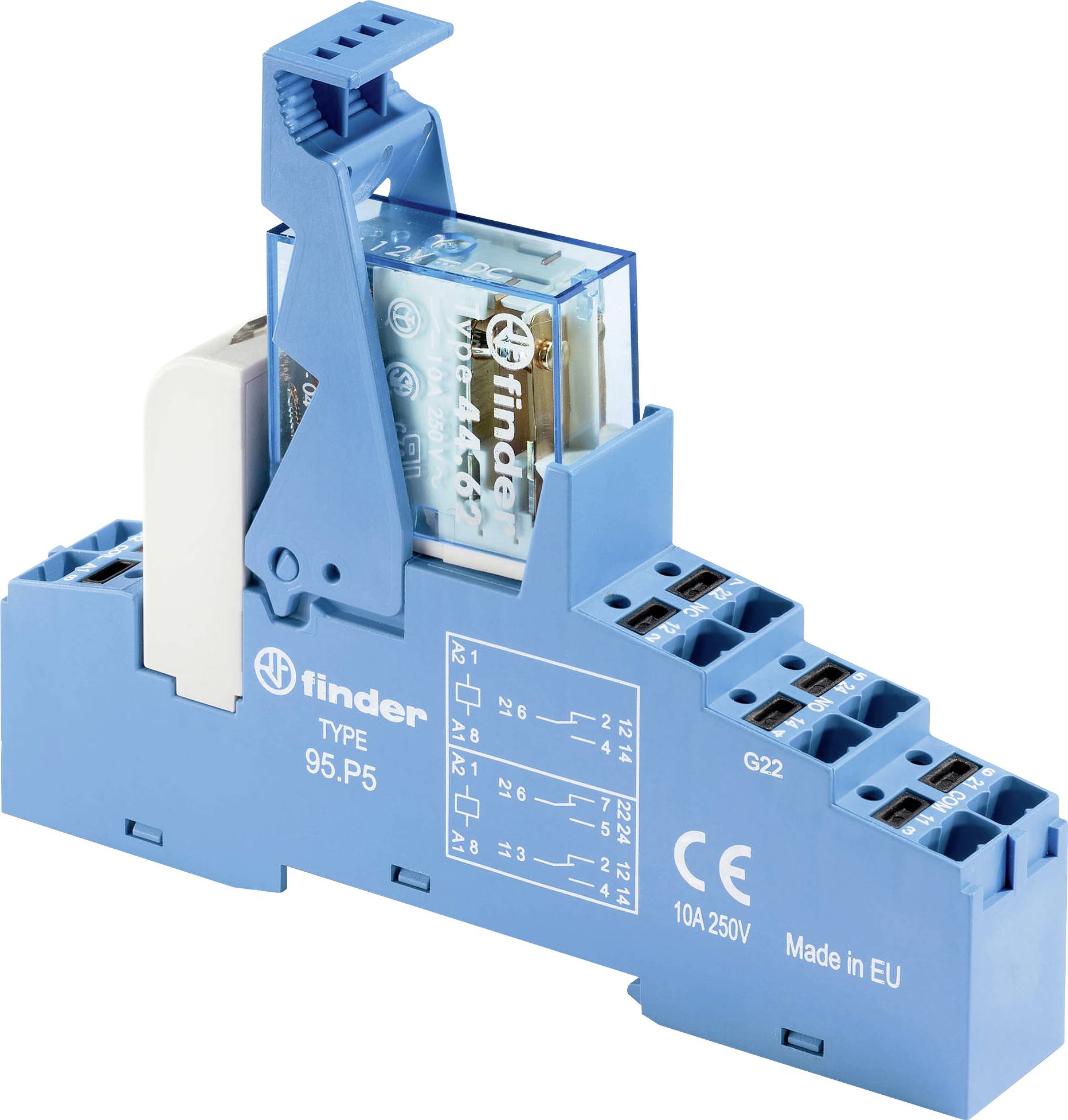 Un module relais Finder bleu avec plusieurs connexions de bornes, étiqueté « TYPE 95.P5 », évalué « 10A 250V », affichant des schémas de circuit sur son côté.