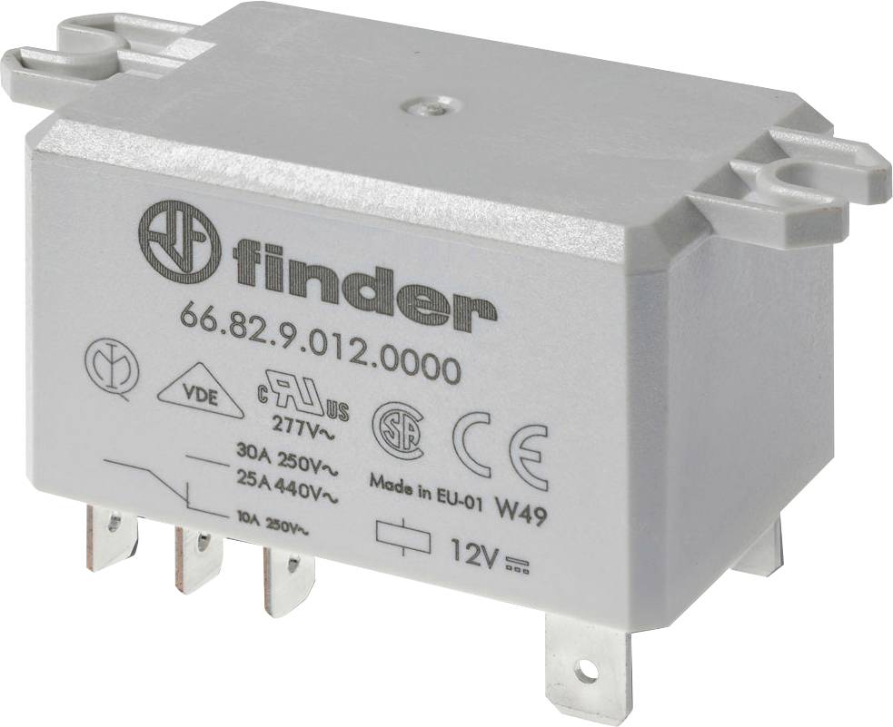 Un relais électrique gris de marque « Finder », modèle numéro « 66.82.9.012.0000 », affiche des spécifications telles que « 30A 250V~ » et « 12V~ ».