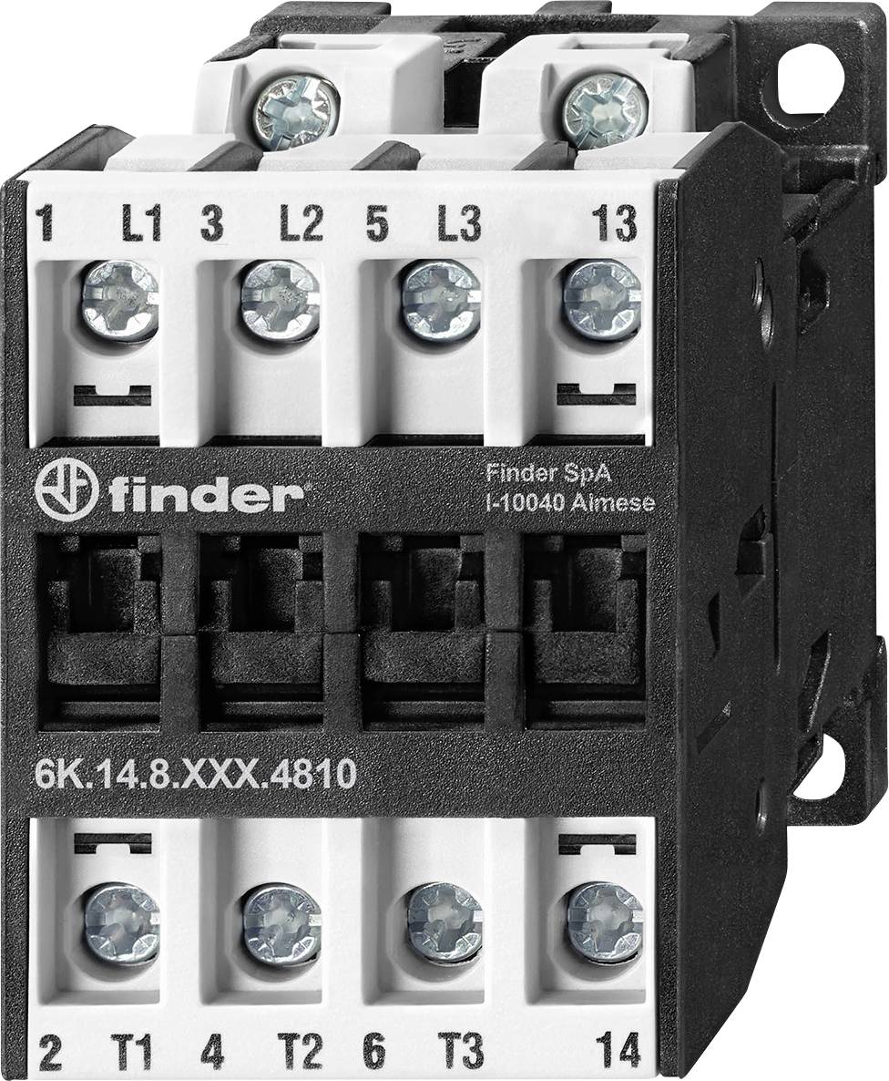 Relais « Finder 70.61.8.400.P000 », blanc avec texte noir, évalué « 208-480V AC », triphasé, « 6A 250V », présenté dans une vue en angle rotatif avec les bornes visibles.