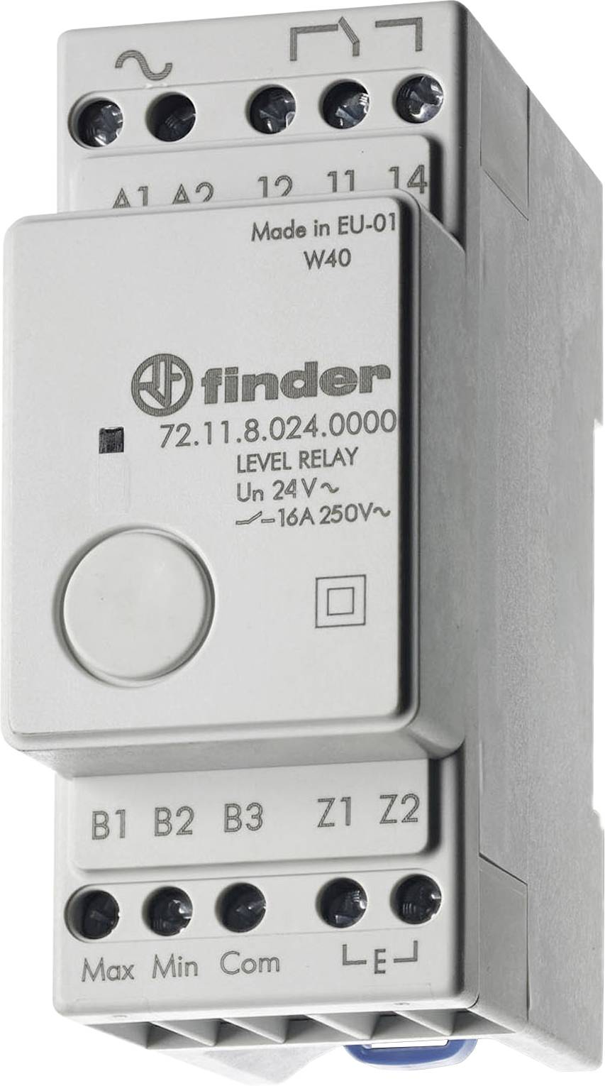 « Relais de niveau Finder 72.11.8.024.0000 », un appareil gris avec des boutons ajustables, utilisé pour contrôler les charges des circuits électriques.