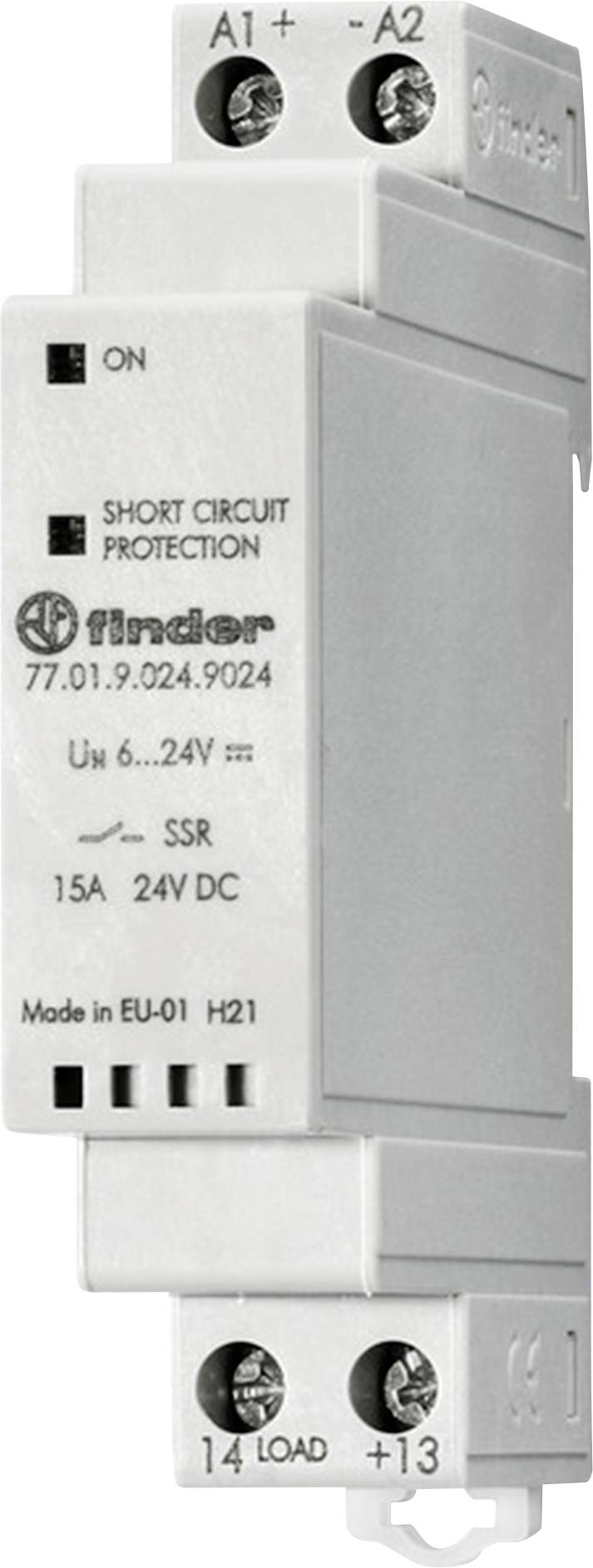 Un module relais électrique gris étiqueté « Finder » avec protection contre les courts-circuits, entrées A1 et A2, sorties 14 et 13, 6-24V DC, 15A.