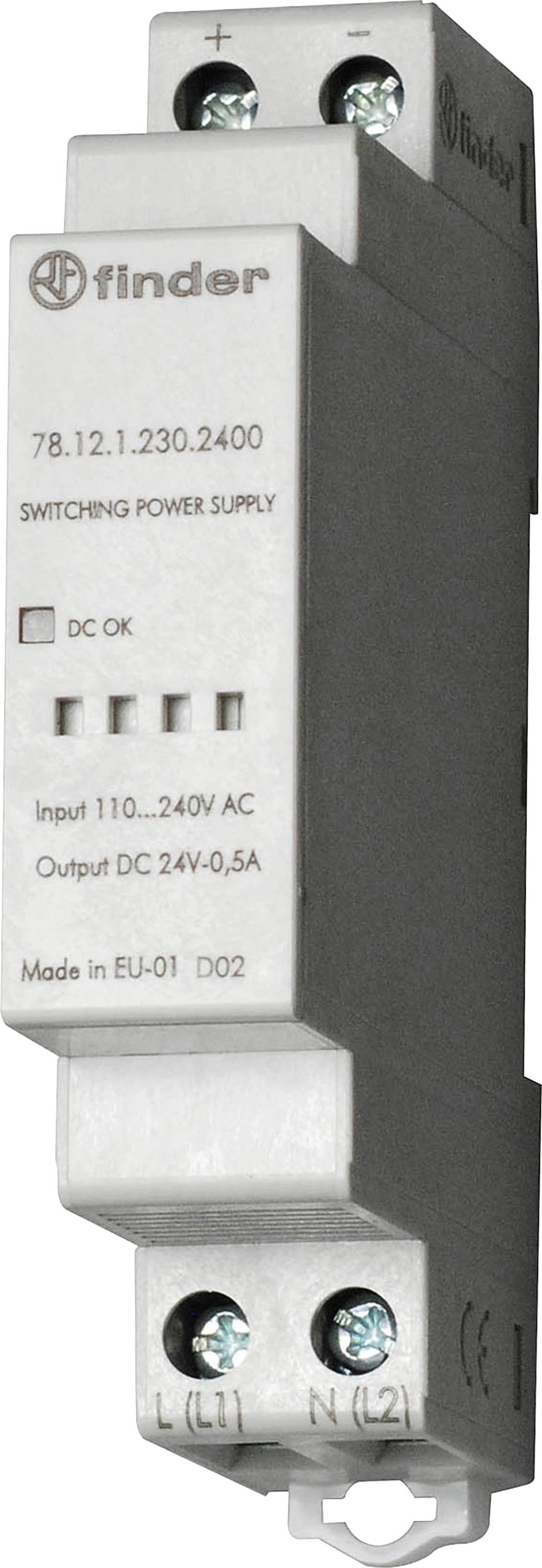 Alimentation électrique à découpage Finder, modèle 78.12.1.230.2400, entrée 110...240V AC, sortie DC 24V/0,5A, étiquetée « DC OK ». Grise, format vertical.