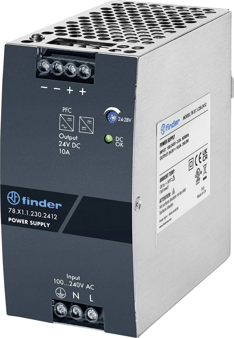 Une unité d'alimentation métallique avec des évents sur le dessus et plusieurs bornes de connexion, montrant une sortie de 24V CC et 10A, modèle « 78.X.11.230.2412 ».