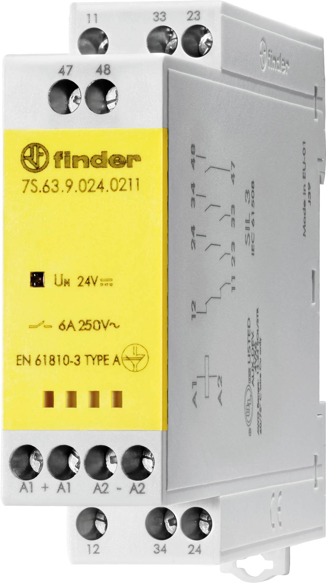 « Relais Finder Type A » affichant les caractéristiques électriques : 6A 250V~, tension de bobine 24V. Comprend des schémas de connexion et des certifications de sécurité.