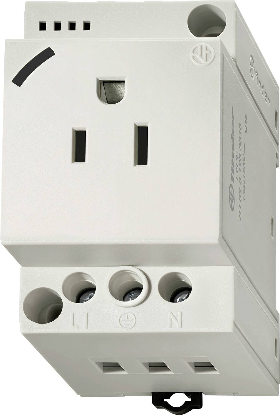 Une prise électrique murale blanche avec une fiche et des bornes étiquetées « L1 » et « N » pour les connexions de câblage, conçue pour être montée.