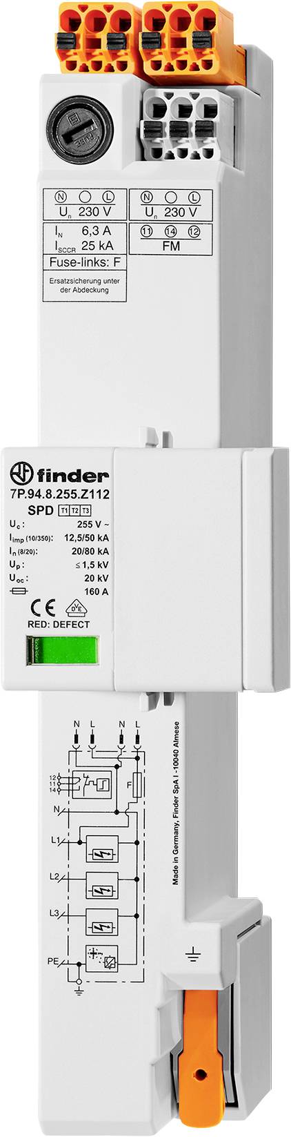 Un dispositif SPD blanc étiqueté « 7P.44.255.8212 » avec des connexions électriques et un diagramme sur la façade, utilisé pour la protection contre les surtensions.
