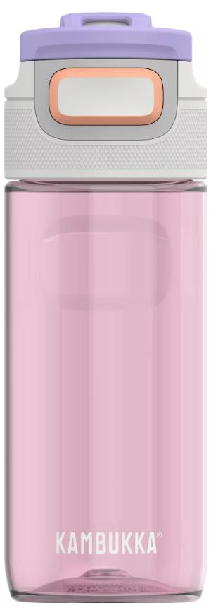 Bouteille d'eau Kambukka rose avec un couvercle violet et un bouton blanc et rose sur le dessus pour l'ouvrir.