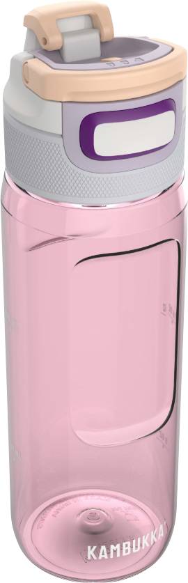 Une bouteille d'eau Kambukka rose avec un couvercle violet et un bec verseur rabattable rose clair, conçue pour boire facilement et assurer une fermeture sécurisée.