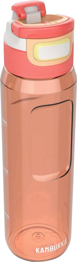 Une bouteille d'eau translucide orange avec un bouchon à visser rose et gris. La marque « KAMBUKKA » est imprimée au bas.