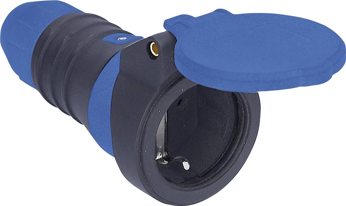 Une fiche industrielle bleu et noir avec un capot ouvert montrant la prise interne, utilisée pour les connexions électriques lourdes.