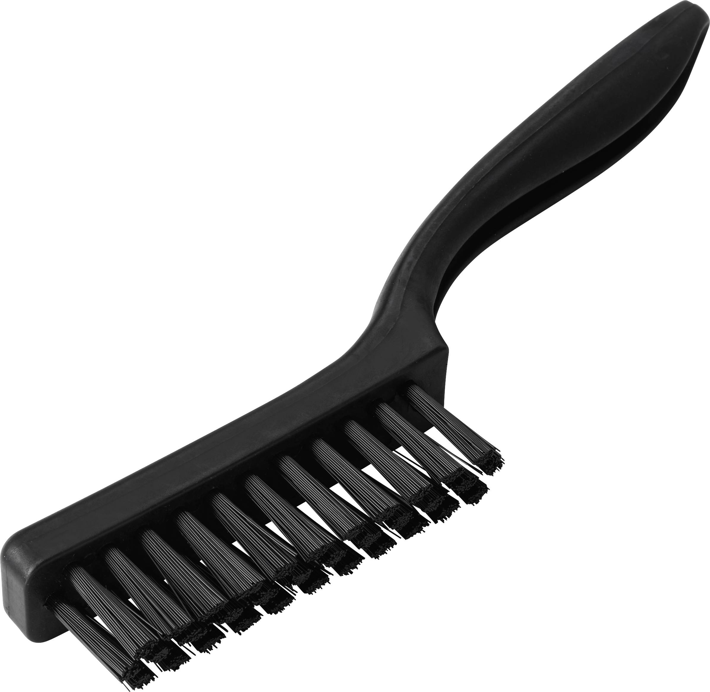Brosse de nettoyage portable noire avec manche coudé et poils rigides, isolée sur un fond blanc.