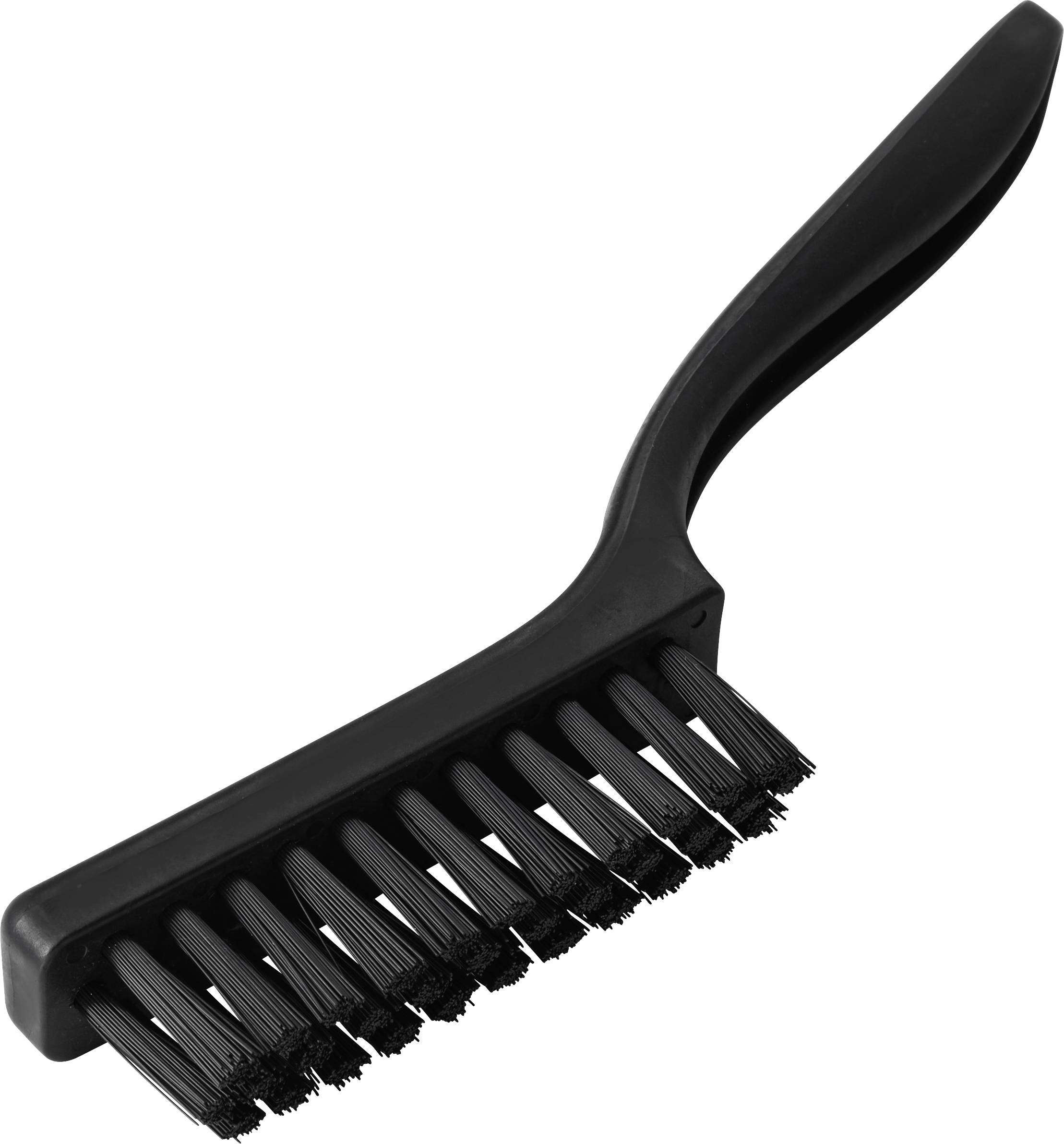 Brosse de nettoyage portative noire avec manche incliné et poils rigides pour frotter les surfaces.