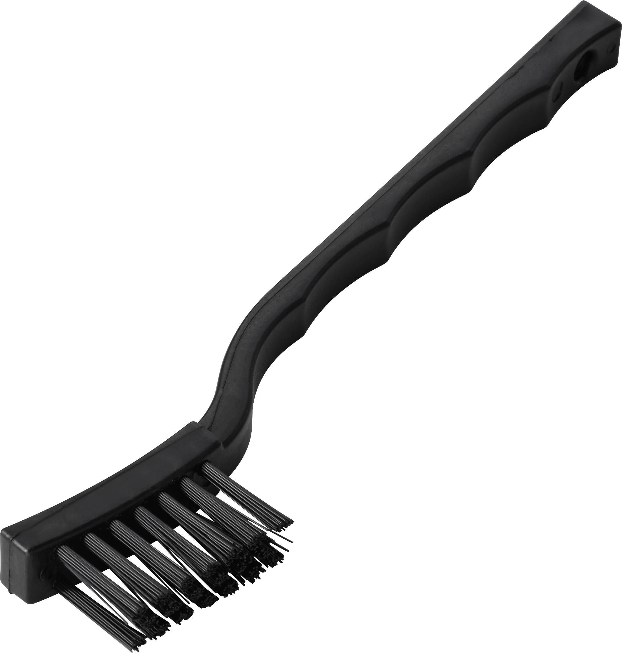 Brosse métallique noire avec un long manche courbe et des poils métalliques denses, présentée sur un fond blanc.