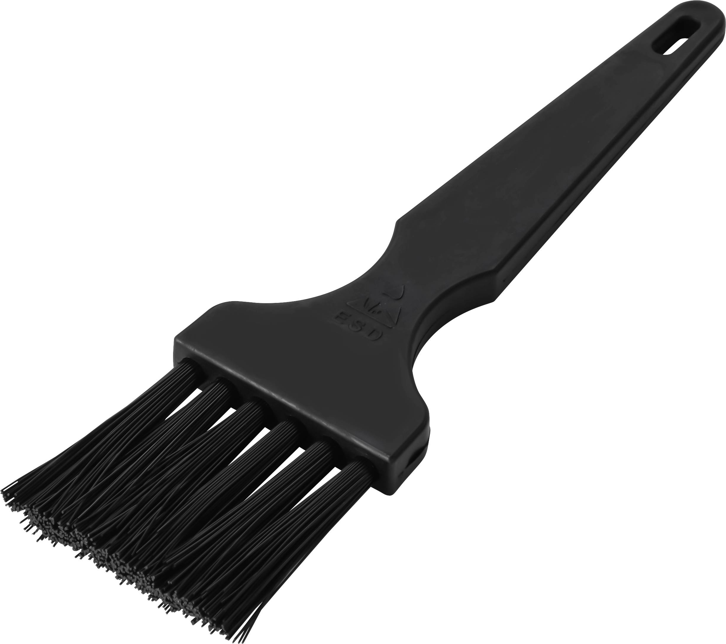 Brosse en plastique noir avec un long manche et des poils denses, présentée sur un fond blanc.