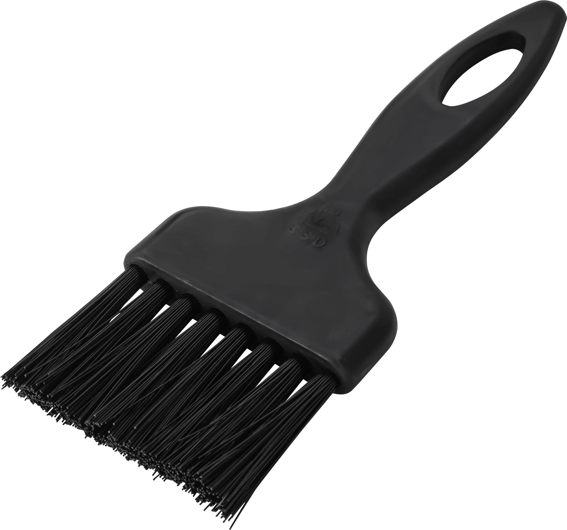Brosse de nettoyage noire avec un angle et des poils denses avec une poignée de suspension sur un fond blanc.