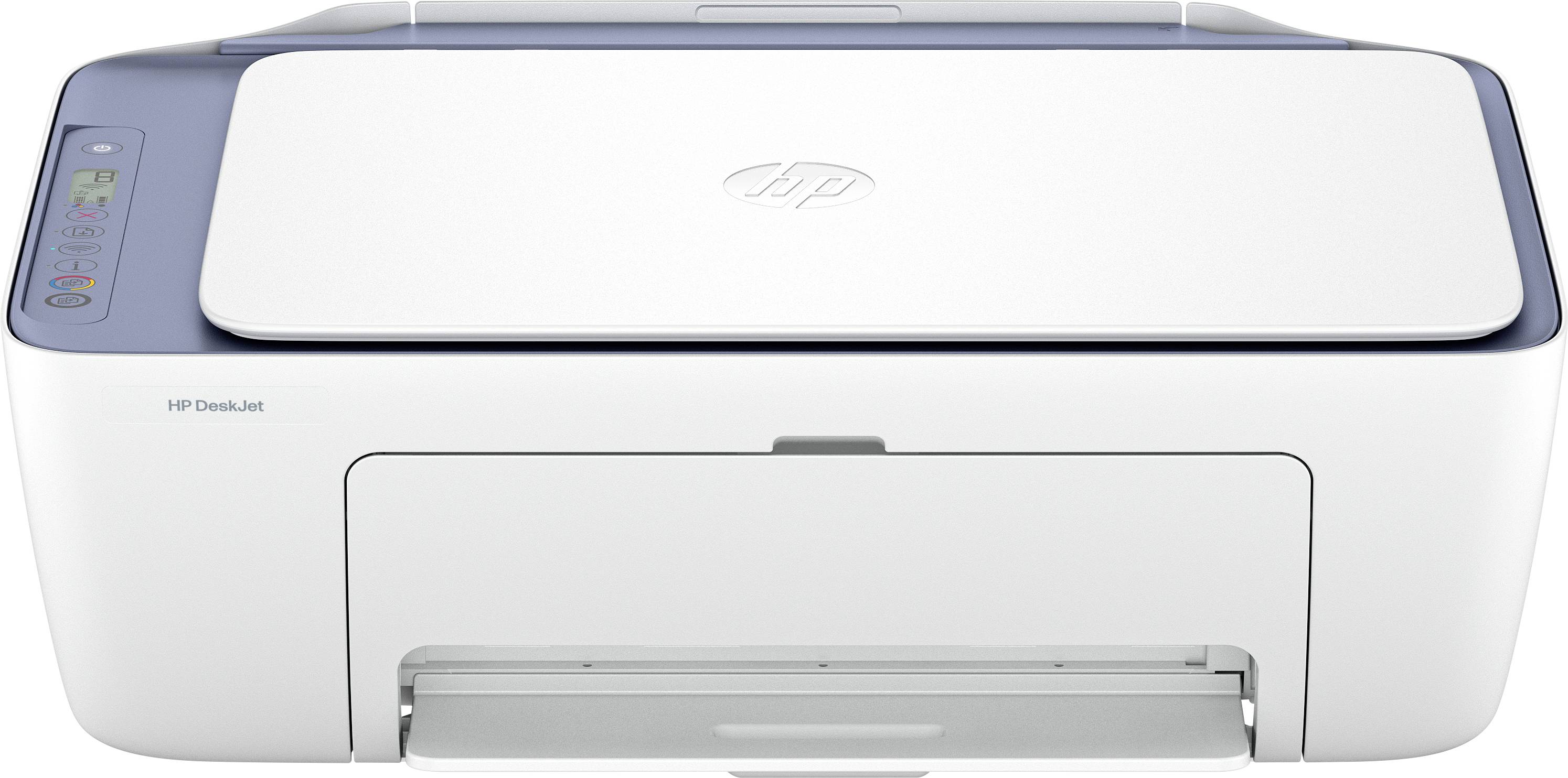 Une imprimante HP DeskJet blanche avec le couvercle supérieur fermé et le bac à papier avant ouvert, affichant les boutons de contrôle de base et le logo.