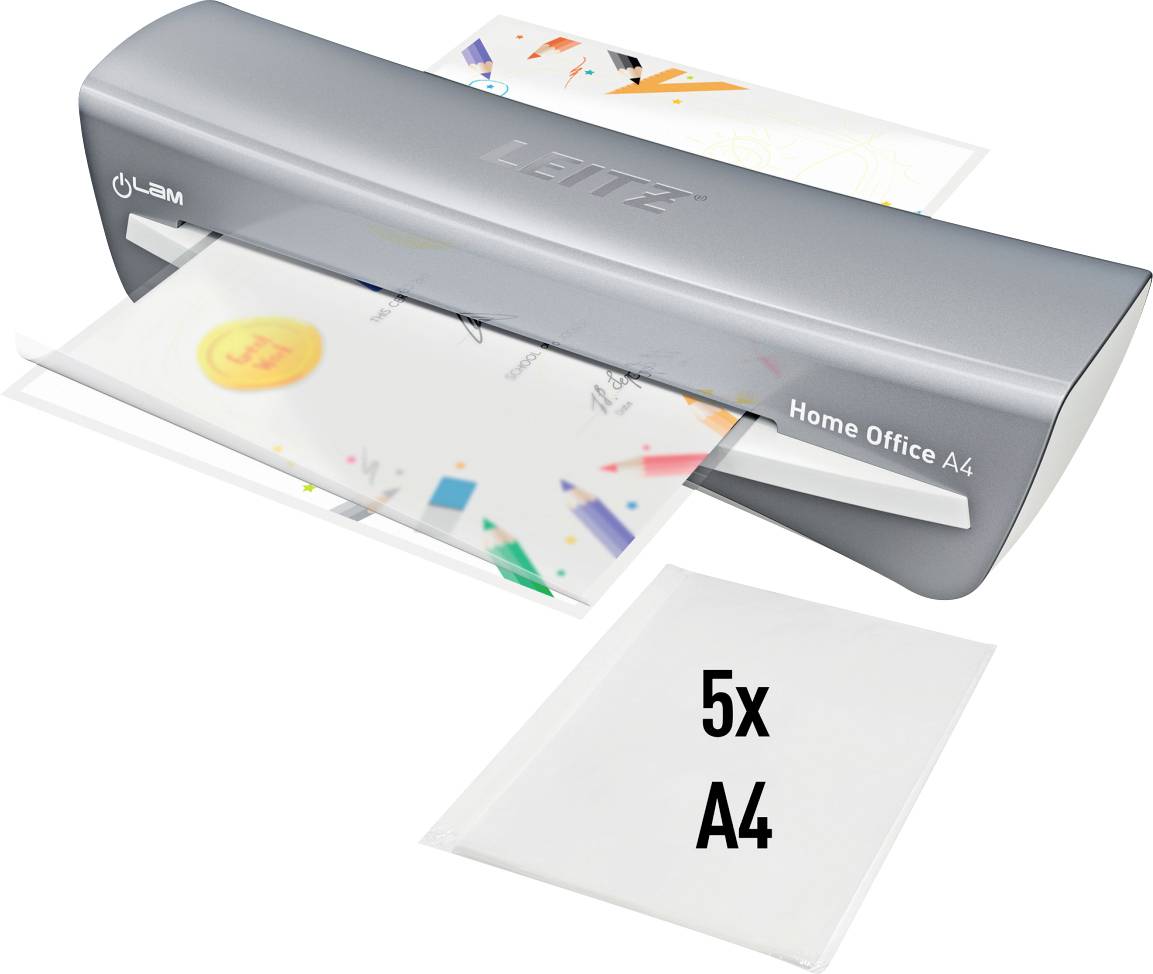 « Une plastifieuse A4 de couleur argent avec un papier partiellement plastifié. Comprend 5 feuilles de plastification A4, indiquant une utilisation pour les tâches de bureau à domicile. »