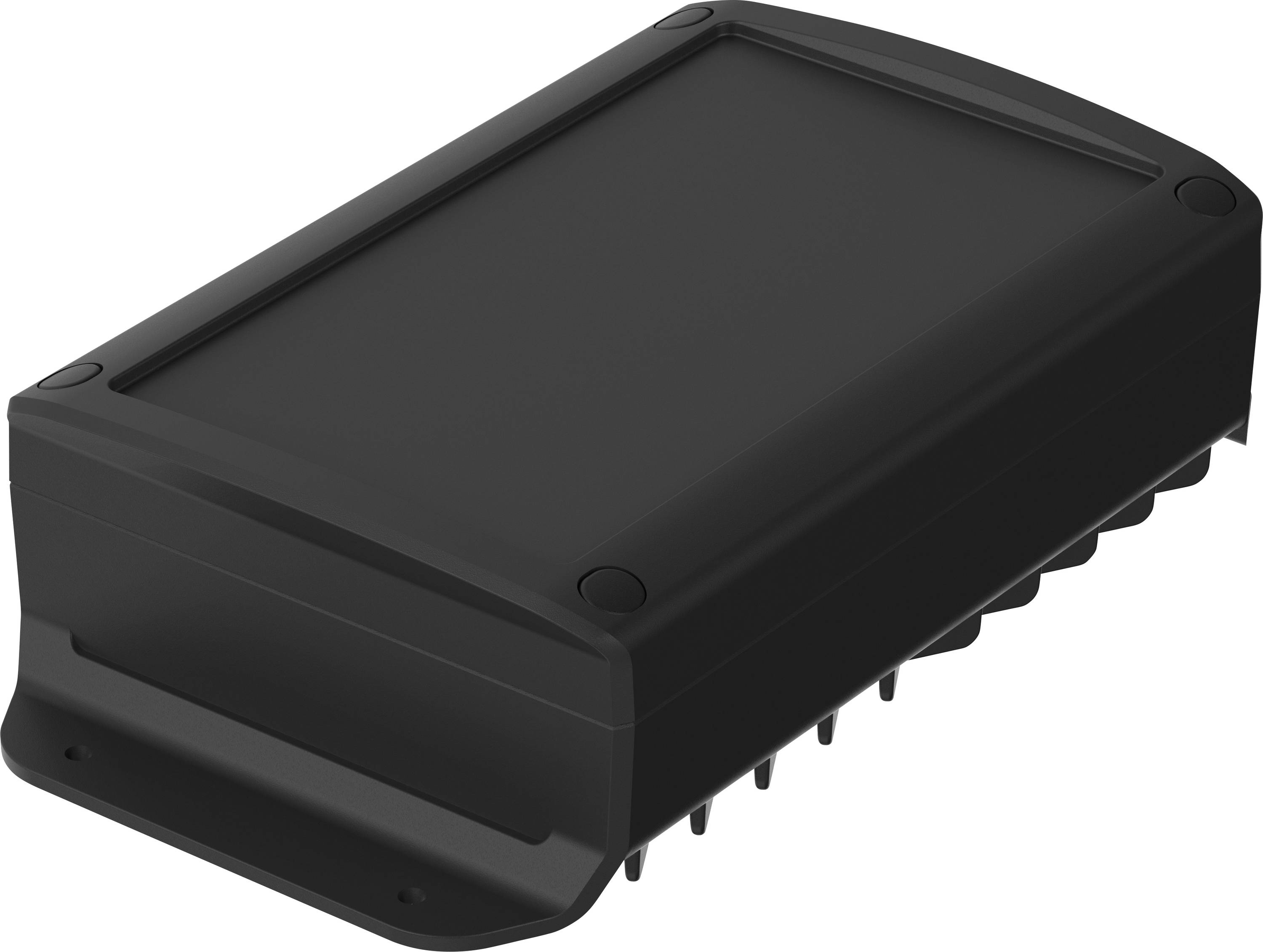 Un appareil électronique rectangulaire noir avec un sommet légèrement courbé et quatre petites vis aux coins, reposant sur une surface plane.