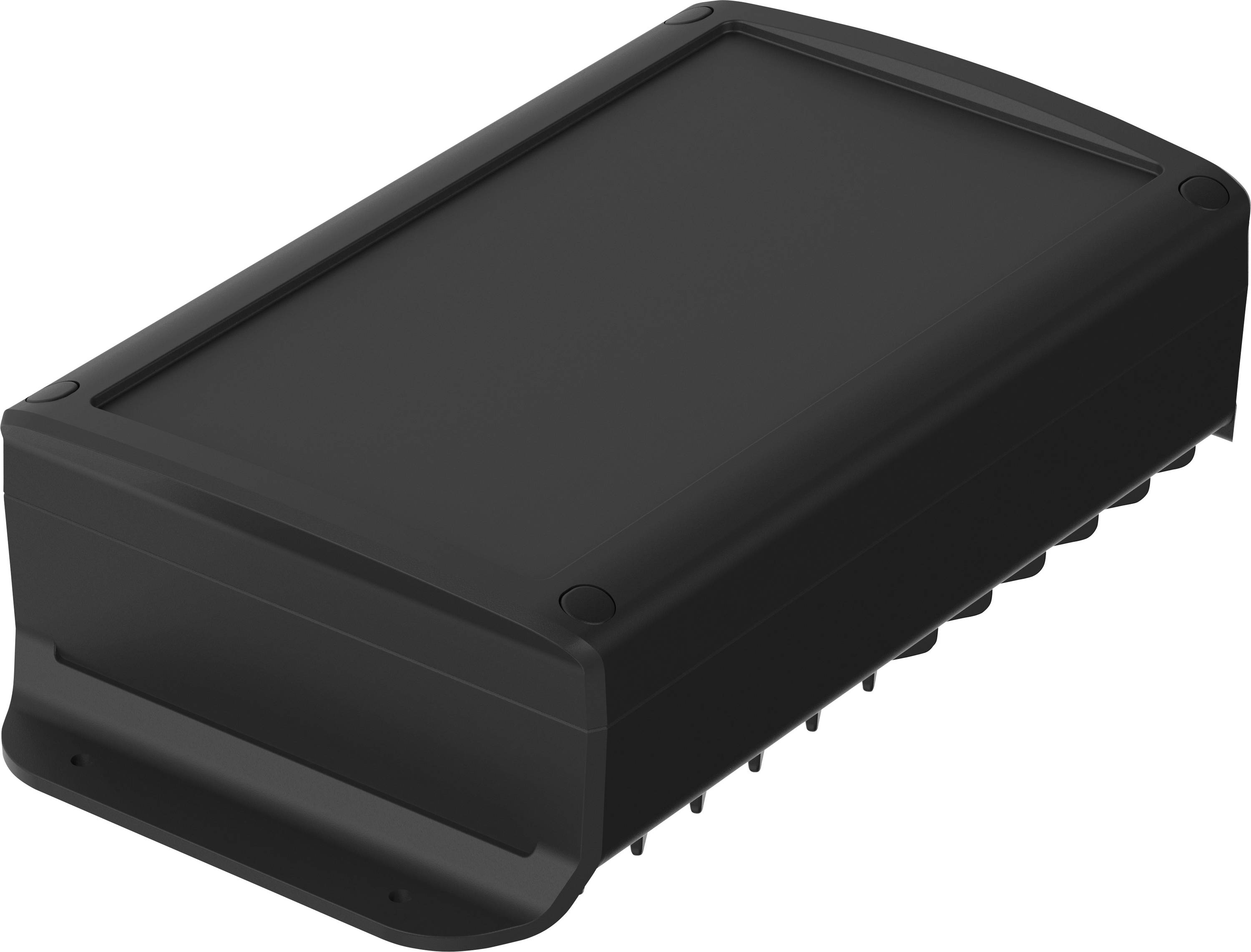 Un appareil électronique rectangulaire noir avec une surface supérieure lisse, des bords inclinés et des poignées en caoutchouc sur les côtés, probablement une batterie portable.