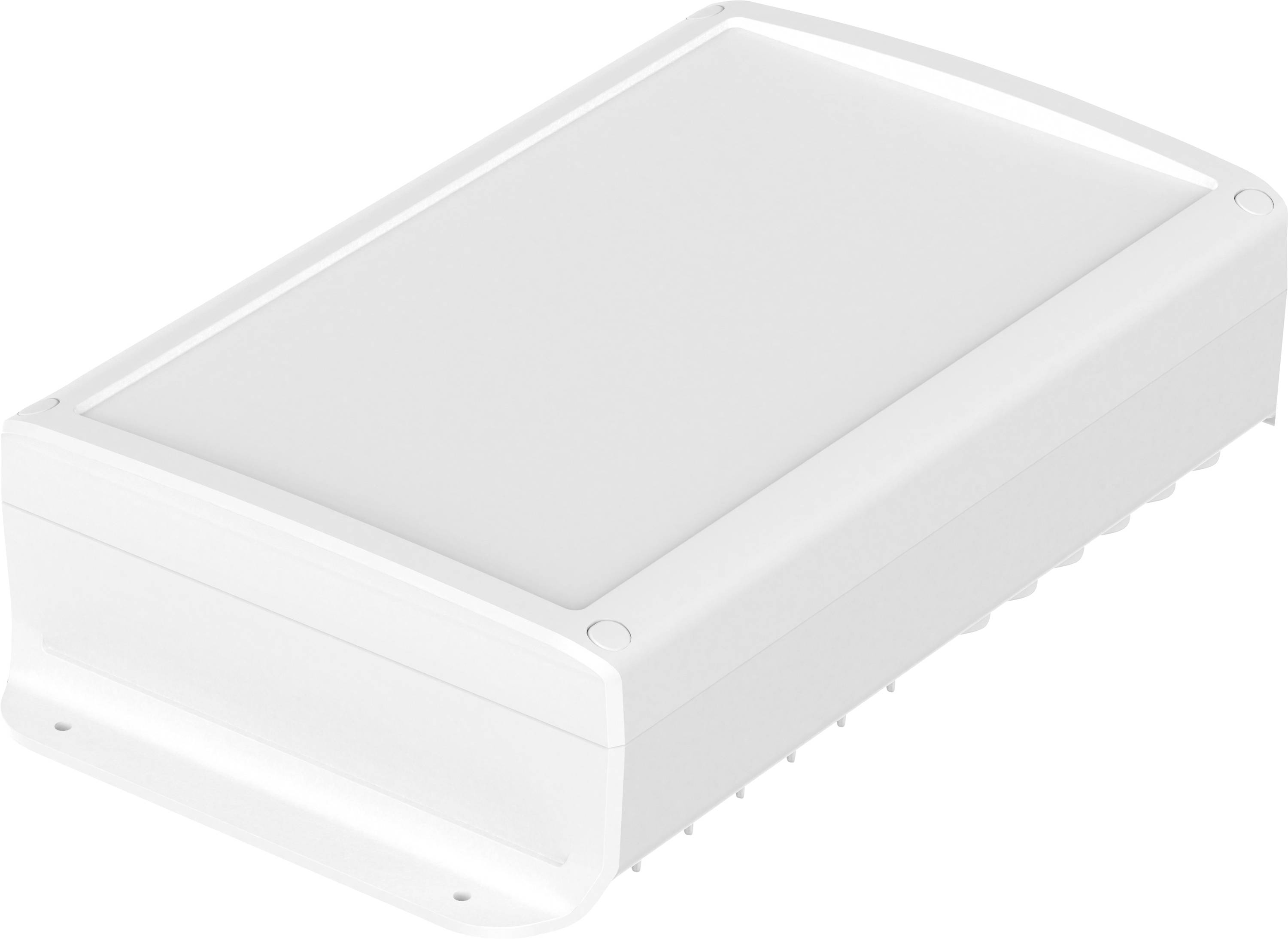 Un boîtier rectangulaire blanc en plastique avec un dessus plat et des arêtes arrondies, conçu pour loger des composants électroniques.