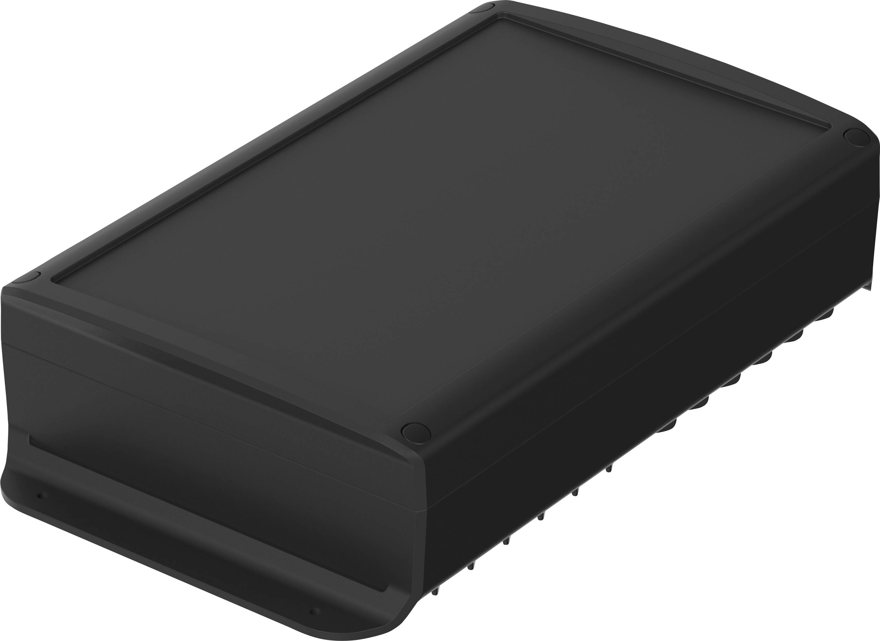 Un appareil électronique noir de forme rectangulaire avec des bords arrondis, présentant une surface supérieure lisse, probablement une alimentation électrique ou un composant réseau.