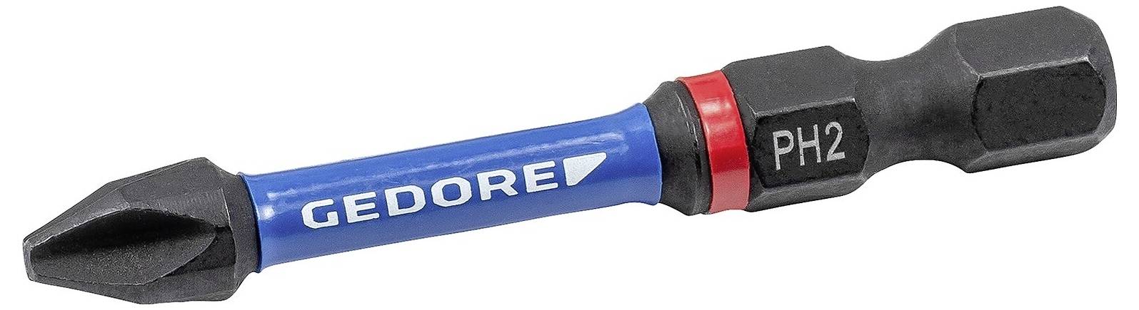 A screwdriver bit with a blue and black shaft labeled 'GEDORE' and 'PH2', featuring a Phillips head.